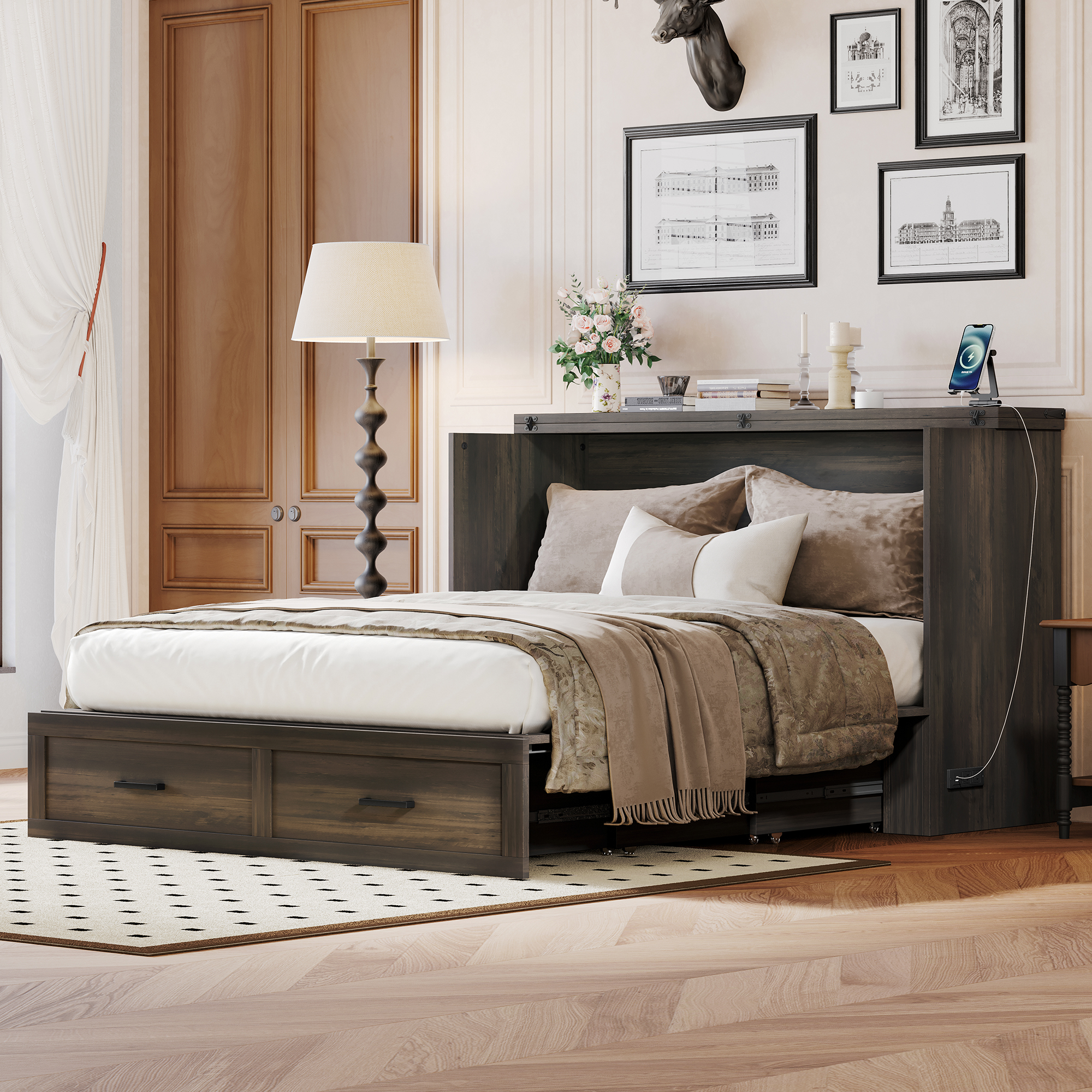 Queen Size Farmhouse Murphy Cabinet Bed with Charging Station, Foldable Platform Bed with Large Storage Drawer for Guest-Room, Small Bedroom, Rustic Gray(Old SKU: N733S237837G) - Image 2