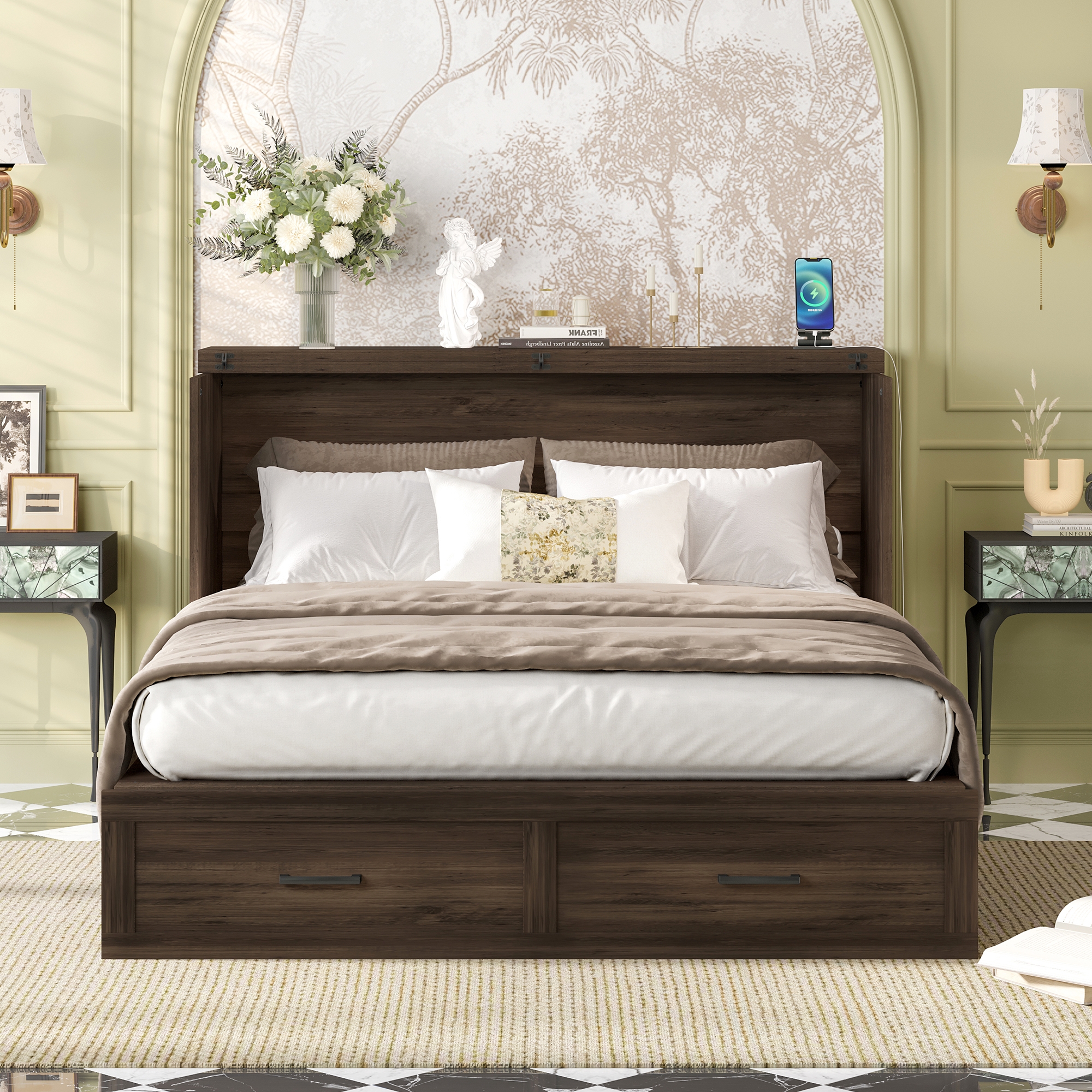 Queen Size Farmhouse Murphy Cabinet Bed with Charging Station, Foldable Platform Bed with Large Storage Drawer for Guest-Room, Small Bedroom, Rustic Gray(Old SKU: N733S237837G) - Image 3