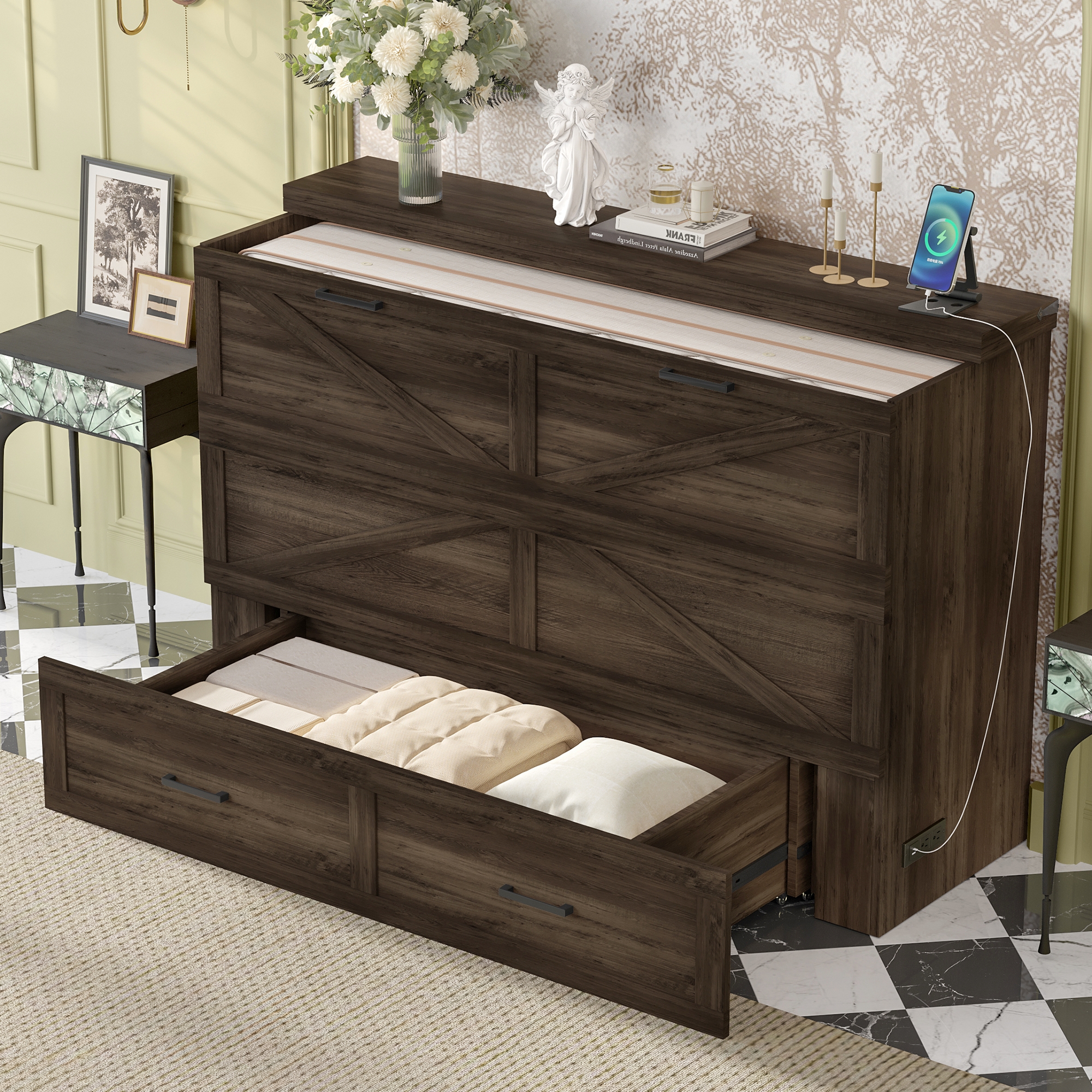 Queen Size Farmhouse Murphy Cabinet Bed with Charging Station, Foldable Platform Bed with Large Storage Drawer for Guest-Room, Small Bedroom, Rustic Gray(Old SKU: N733S237837G) - Image 4