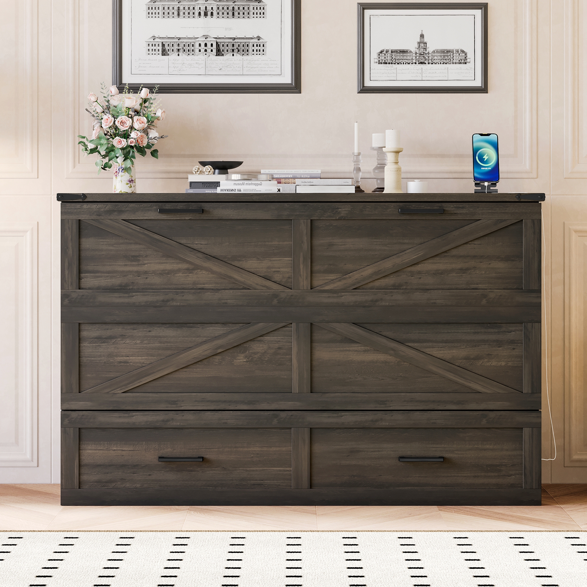 Queen Size Farmhouse Murphy Cabinet Bed with Charging Station, Foldable Platform Bed with Large Storage Drawer for Guest-Room, Small Bedroom, Rustic Gray(Old SKU: N733S237837G) - Image 5