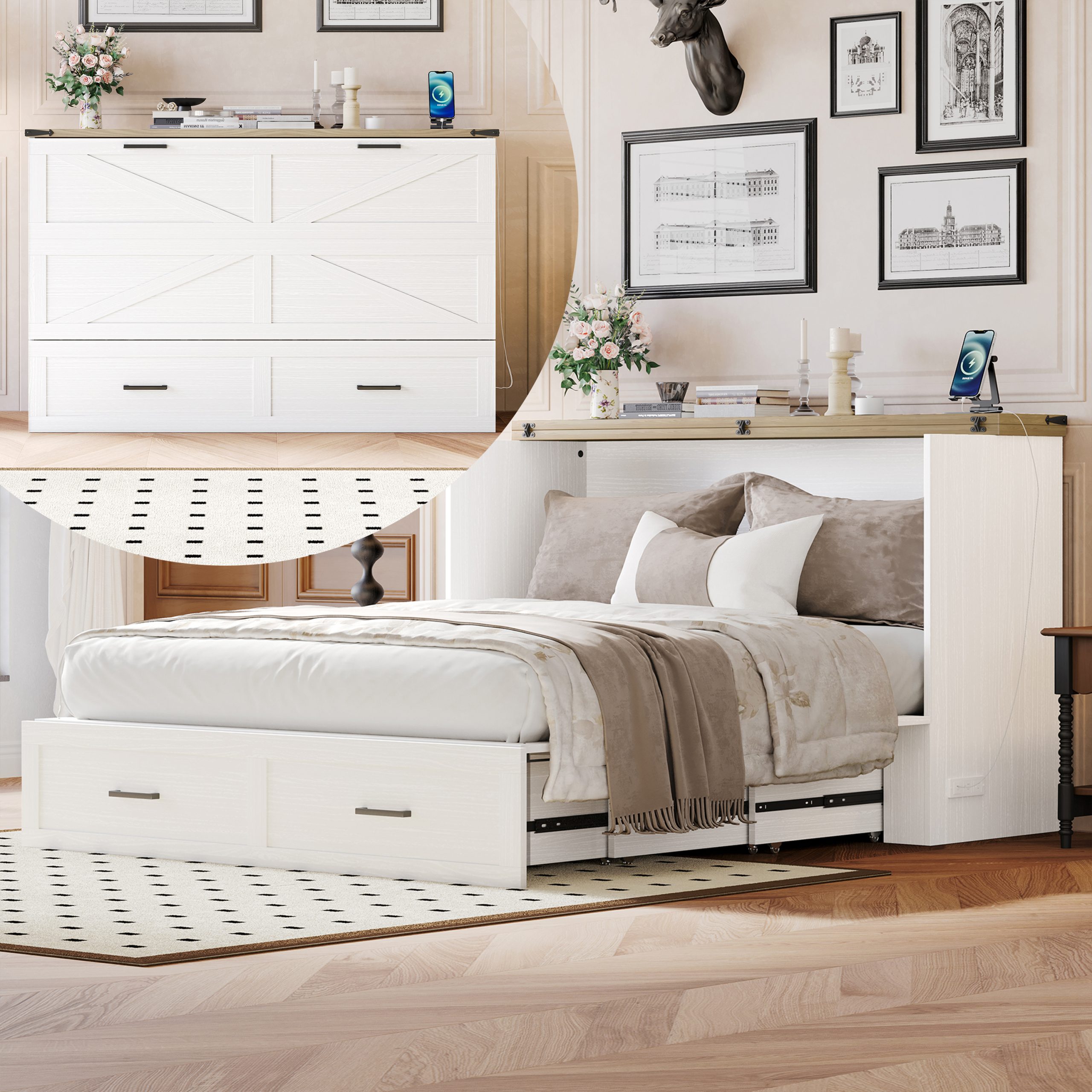 Queen Size Farmhouse Murphy Cabinet Bed with Charging Station, Foldable Platform Bed with Large Storage Drawer for Guest-Room, Small Bedroom, White - Image 1
