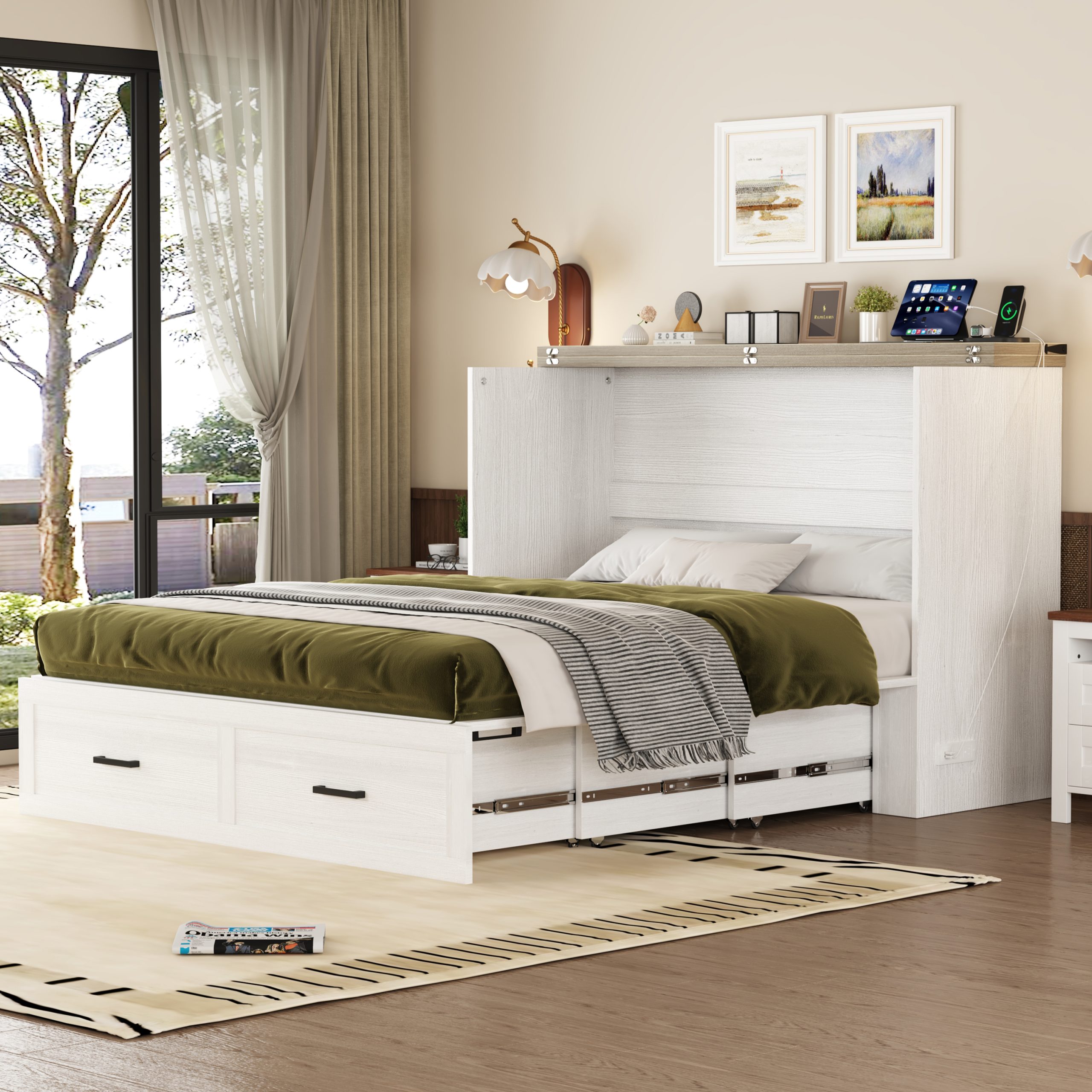 Queen Size Farmhouse Murphy Cabinet Bed with Charging Station, Foldable Platform Bed with Large Storage Drawer for Guest-Room, Small Bedroom, White - Image 2