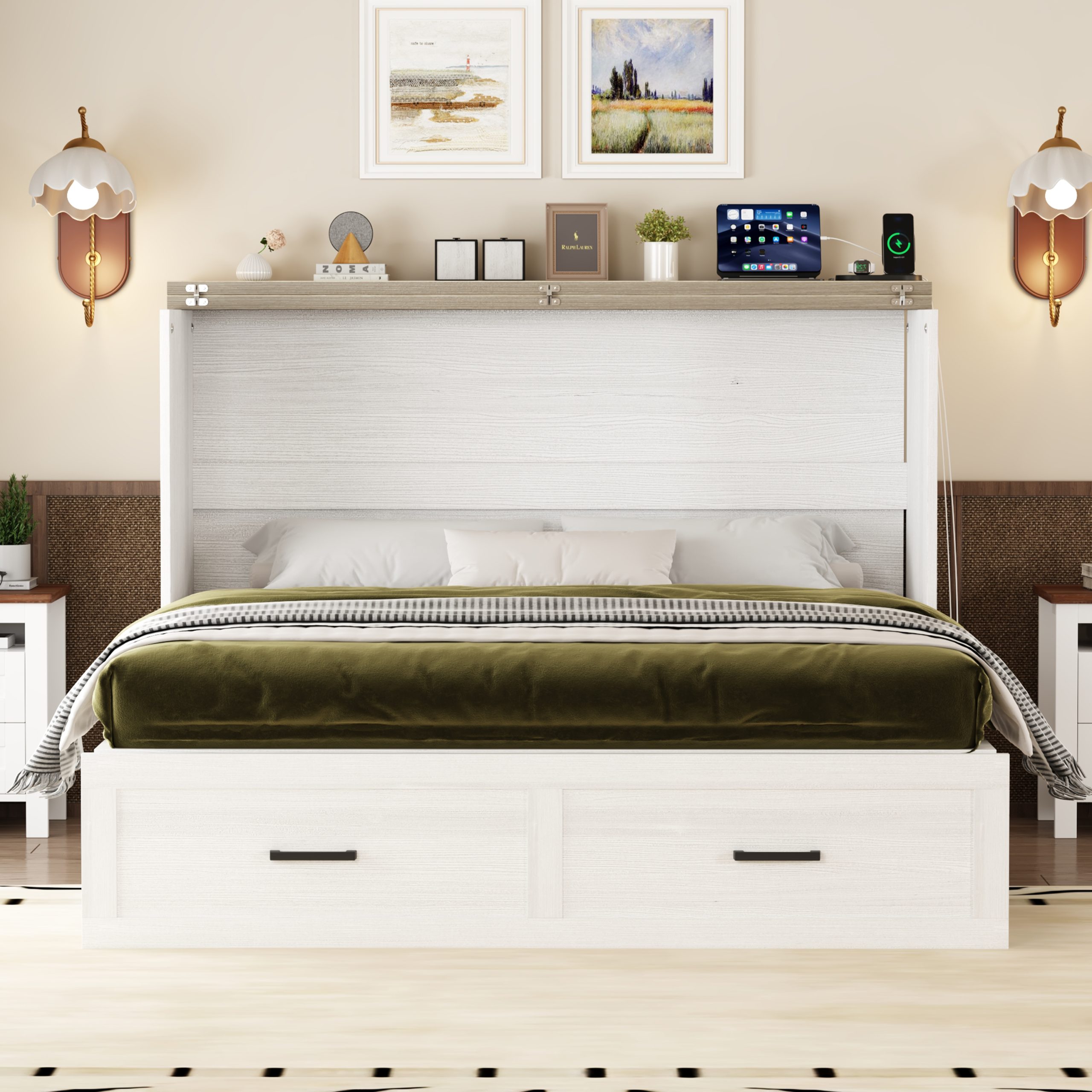 Queen Size Farmhouse Murphy Cabinet Bed with Charging Station, Foldable Platform Bed with Large Storage Drawer for Guest-Room, Small Bedroom, White - Image 3