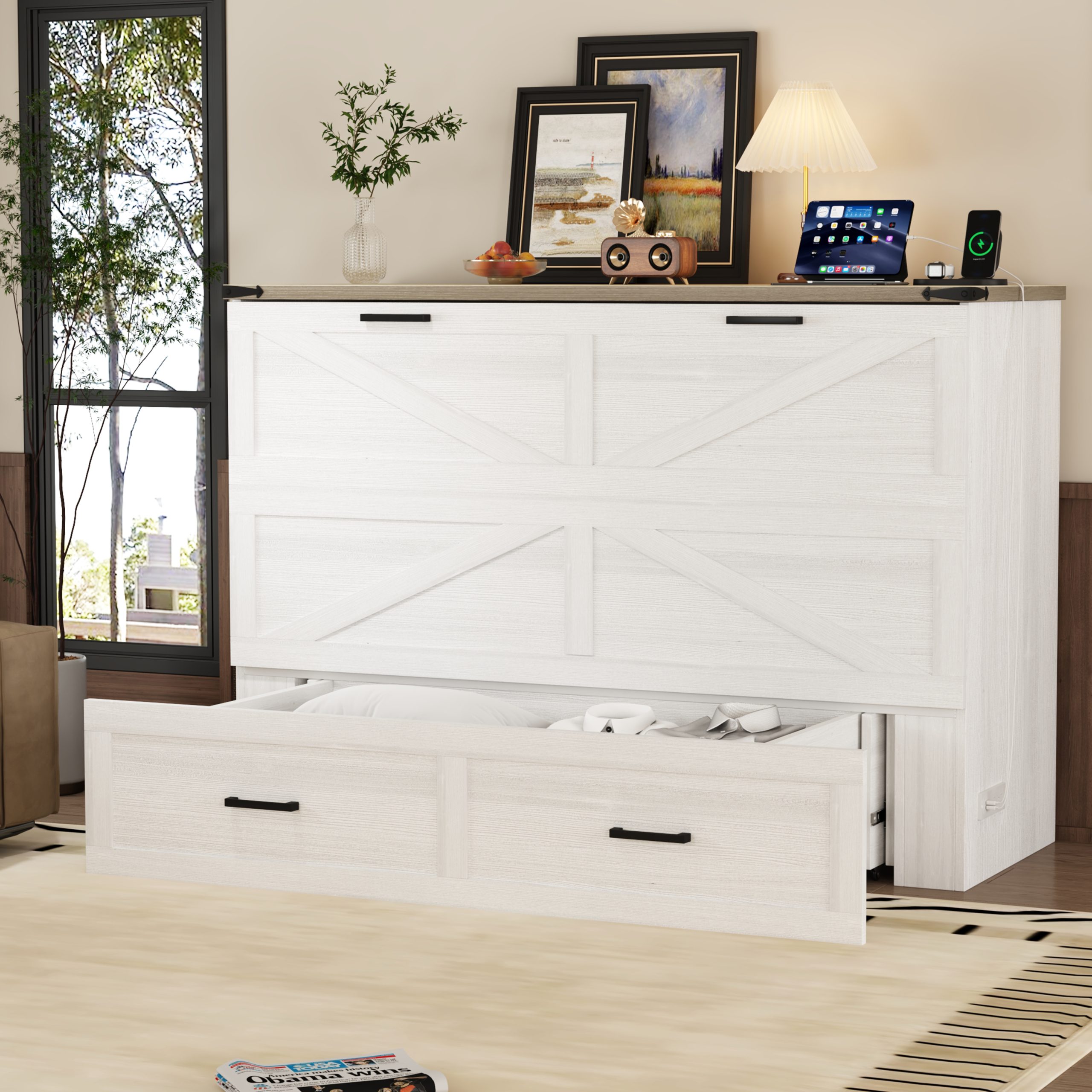 Queen Size Farmhouse Murphy Cabinet Bed with Charging Station, Foldable Platform Bed with Large Storage Drawer for Guest-Room, Small Bedroom, White - Image 4