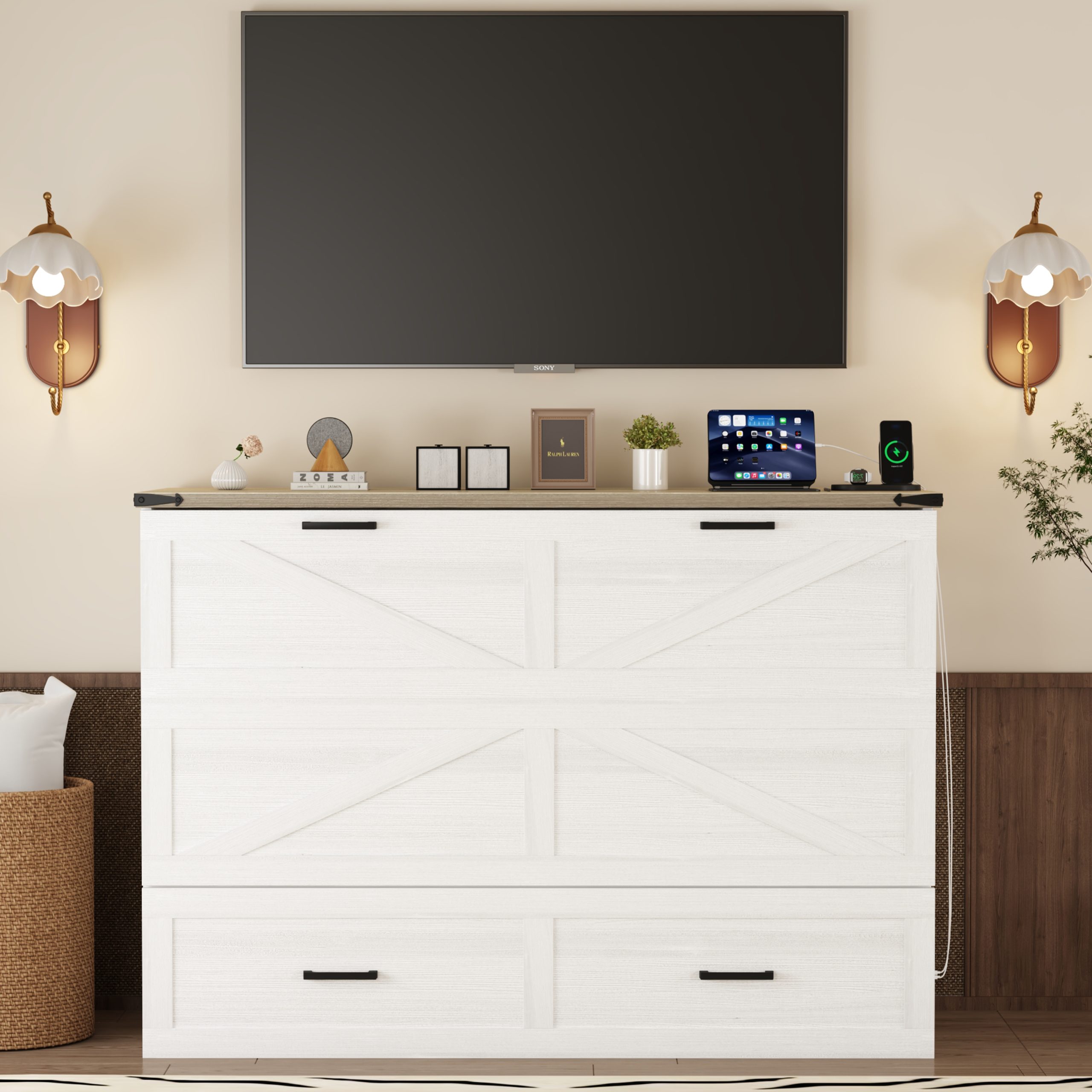 Queen Size Farmhouse Murphy Cabinet Bed with Charging Station, Foldable Platform Bed with Large Storage Drawer for Guest-Room, Small Bedroom, White - Image 5