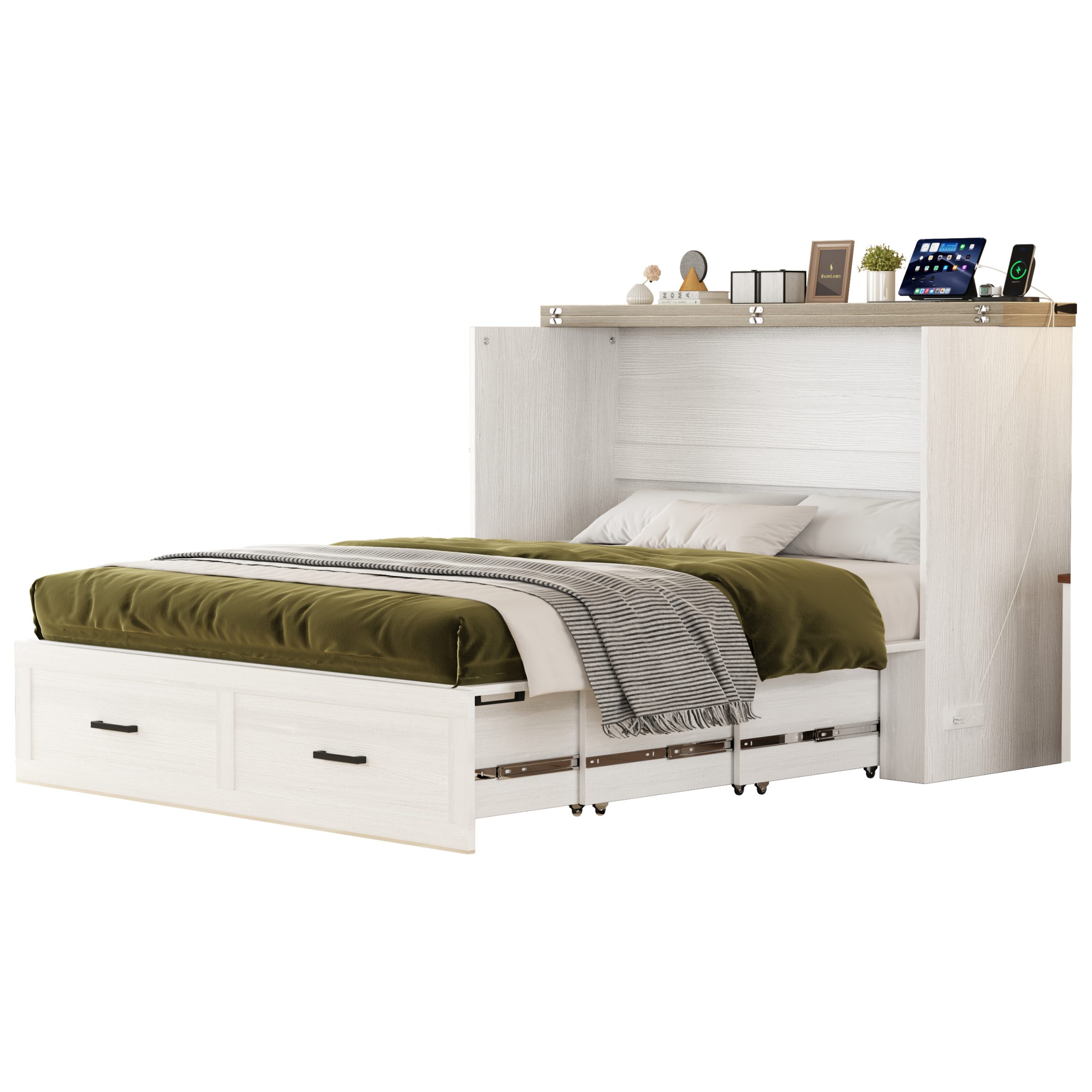 Queen Size Farmhouse Murphy Cabinet Bed with Charging Station, Foldable Platform Bed with Large Storage Drawer for Guest-Room, Small Bedroom, White - Image 6