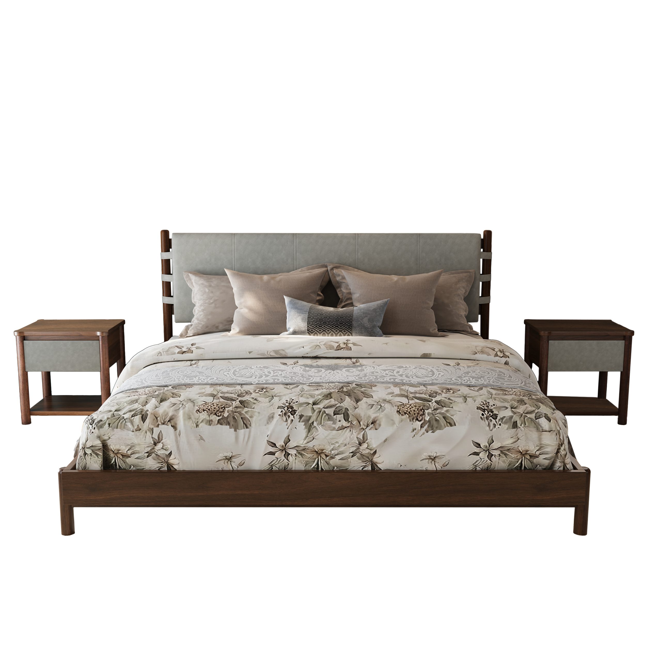 Modern King Bed Frame Set with 2 Nightstands, Light Gray Wood Platform Bed with Headboard and Matching Bedside Tables for Bedroom - Image 4