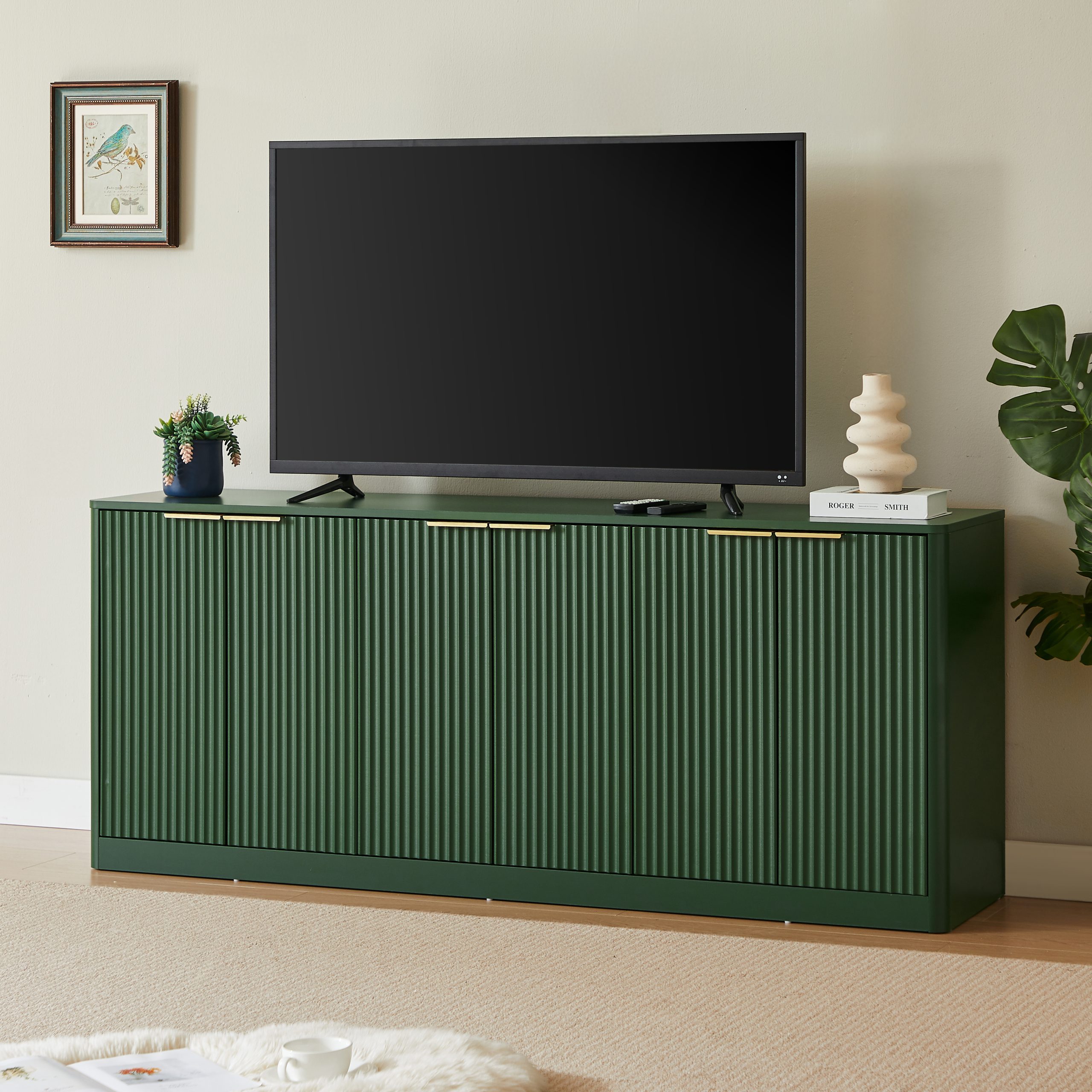 67-inch modern wavy sideboard, curved contour design storage cabinet, 6-door cabinet with storage function, suitable for kitchen / bedroom / living room, Green, 67.0"L x 15.7"W x 27.7"H - Image 2
