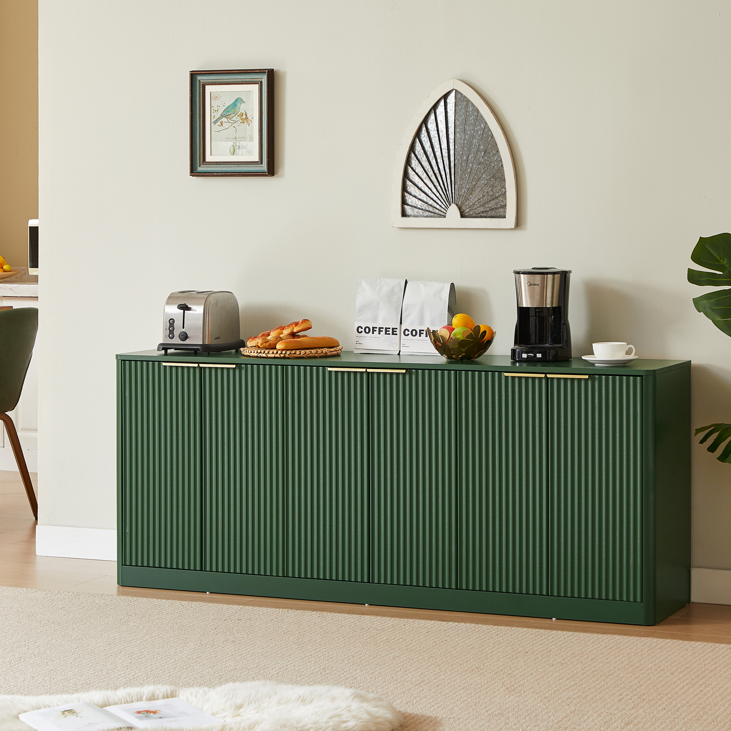 67-inch modern wavy sideboard, curved contour design storage cabinet, 6-door cabinet with storage function, suitable for kitchen / bedroom / living room, Green, 67.0"L x 15.7"W x 27.7"H - Image 3