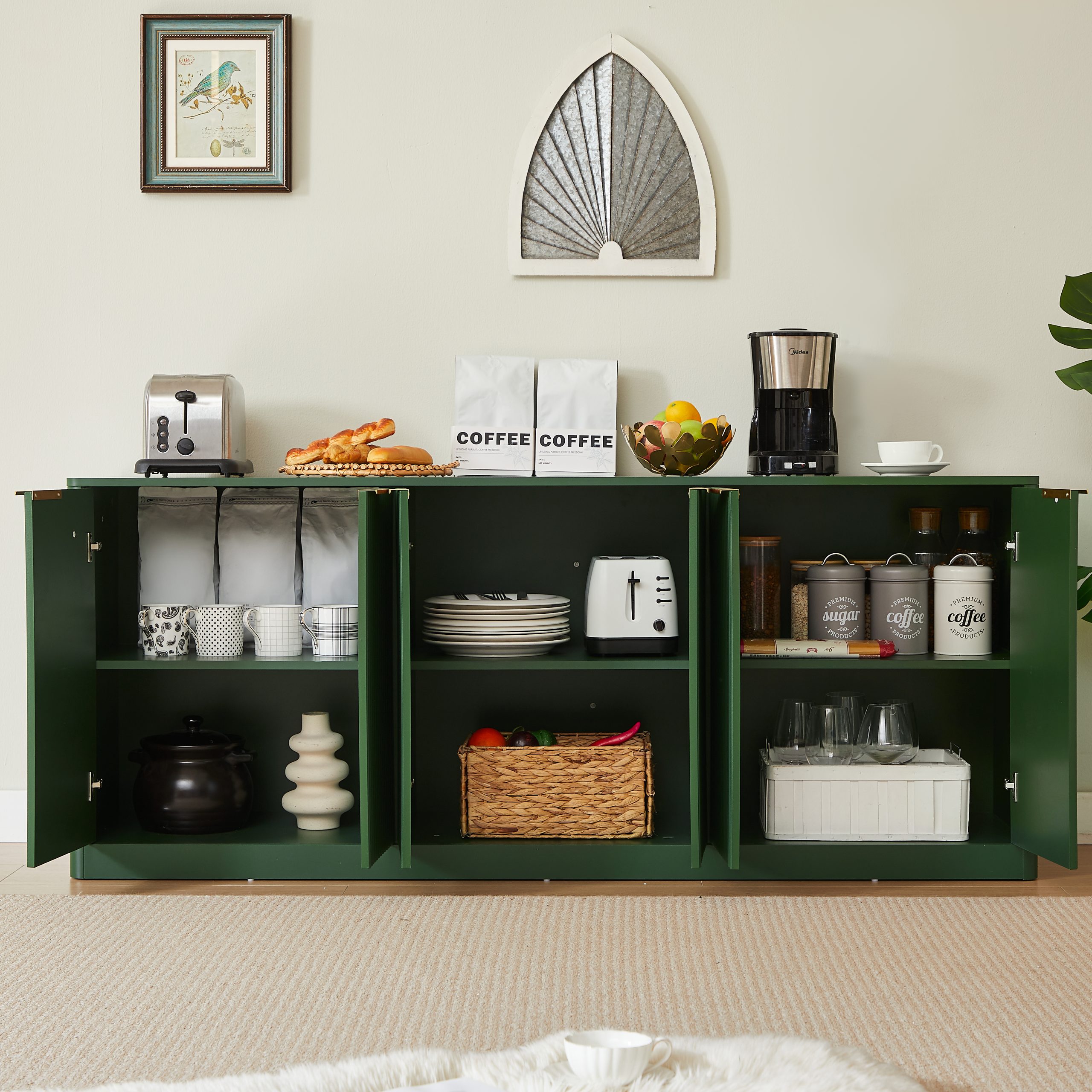 67-inch modern wavy sideboard, curved contour design storage cabinet, 6-door cabinet with storage function, suitable for kitchen / bedroom / living room, Green, 67.0"L x 15.7"W x 27.7"H - Image 4
