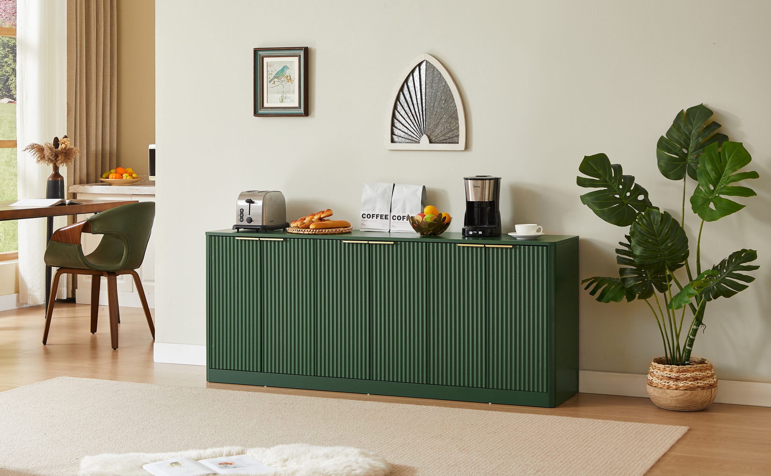 67-inch modern wavy sideboard, curved contour design storage cabinet, 6-door cabinet with storage function, suitable for kitchen / bedroom / living room, Green, 67.0"L x 15.7"W x 27.7"H - Image 5