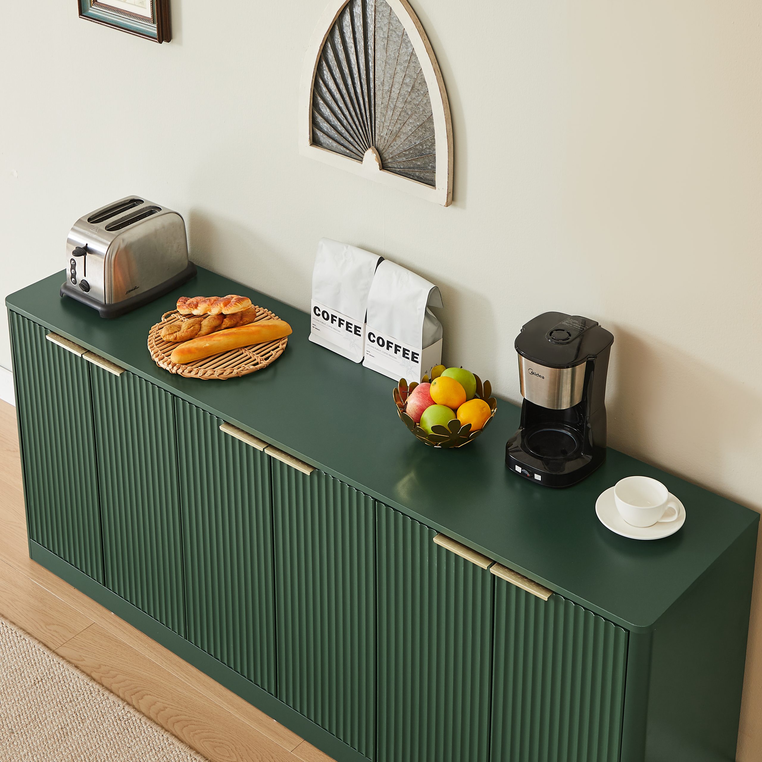 67-inch modern wavy sideboard, curved contour design storage cabinet, 6-door cabinet with storage function, suitable for kitchen / bedroom / living room, Green, 67.0"L x 15.7"W x 27.7"H - Image 6