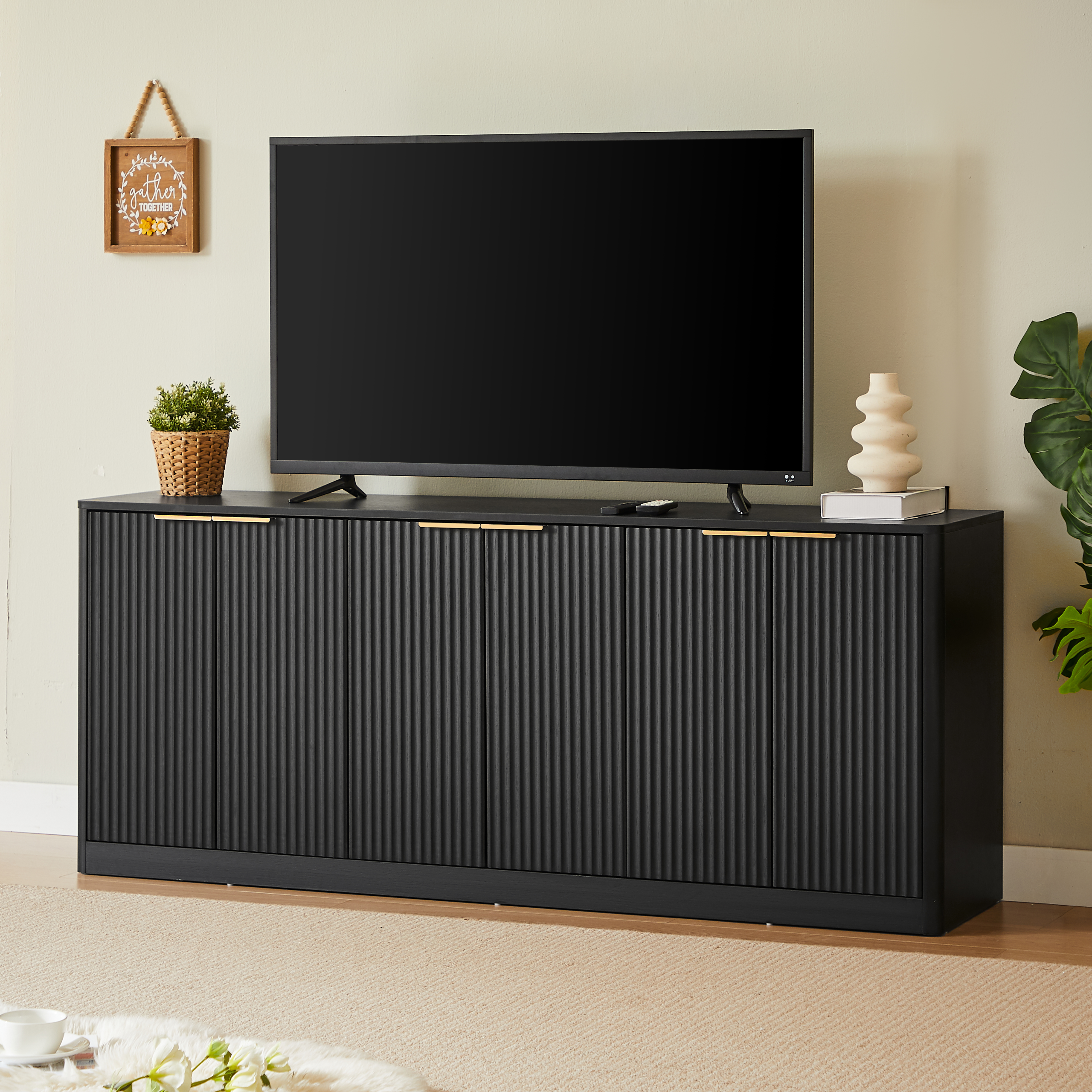 67-inch modern wavy sideboard, curved contour design storage cabinet, 6-door cabinet with storage function, suitable for kitchen / bedroom / living room, Black, 67.0"L x 15.7"W x 27.7"H - Image 2