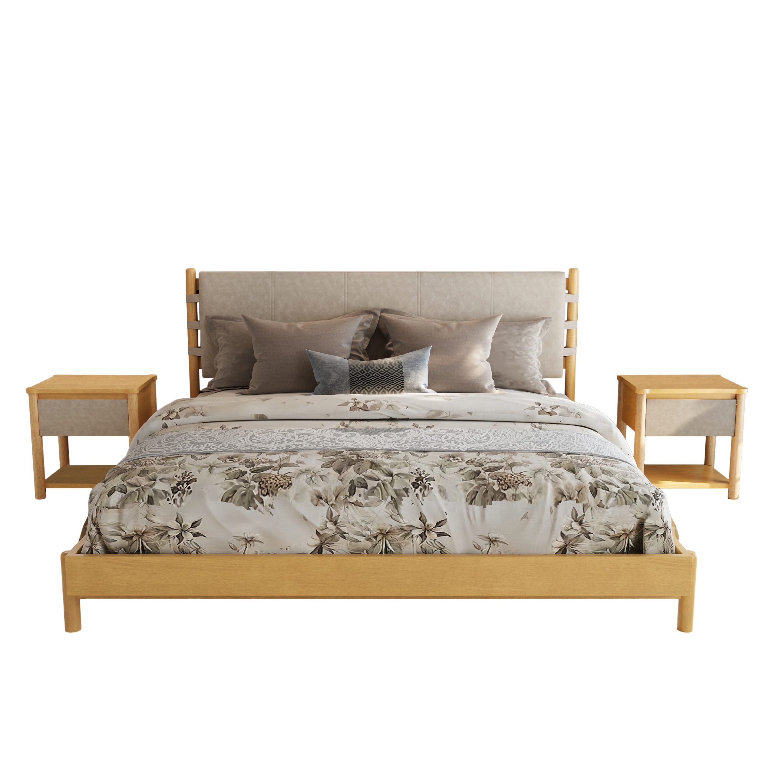 Modern King Bed Frame Set with 2 Nightstands, Beige Wood Platform Bed with Headboard and Matching Bedside Tables for Bedroom - Image 4