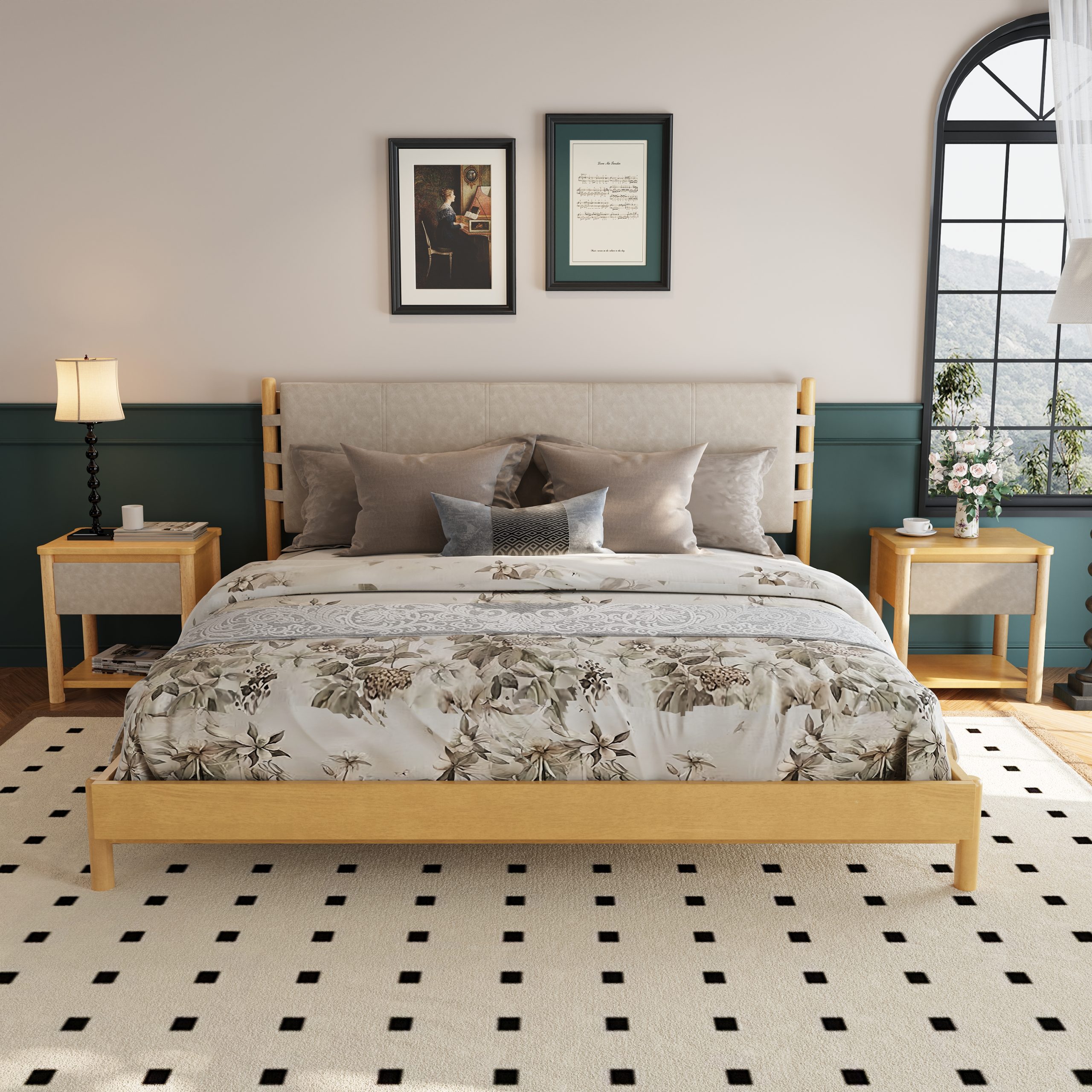 Modern King Bed Frame Set with 2 Nightstands, Beige Wood Platform Bed with Headboard and Matching Bedside Tables for Bedroom - Image 5