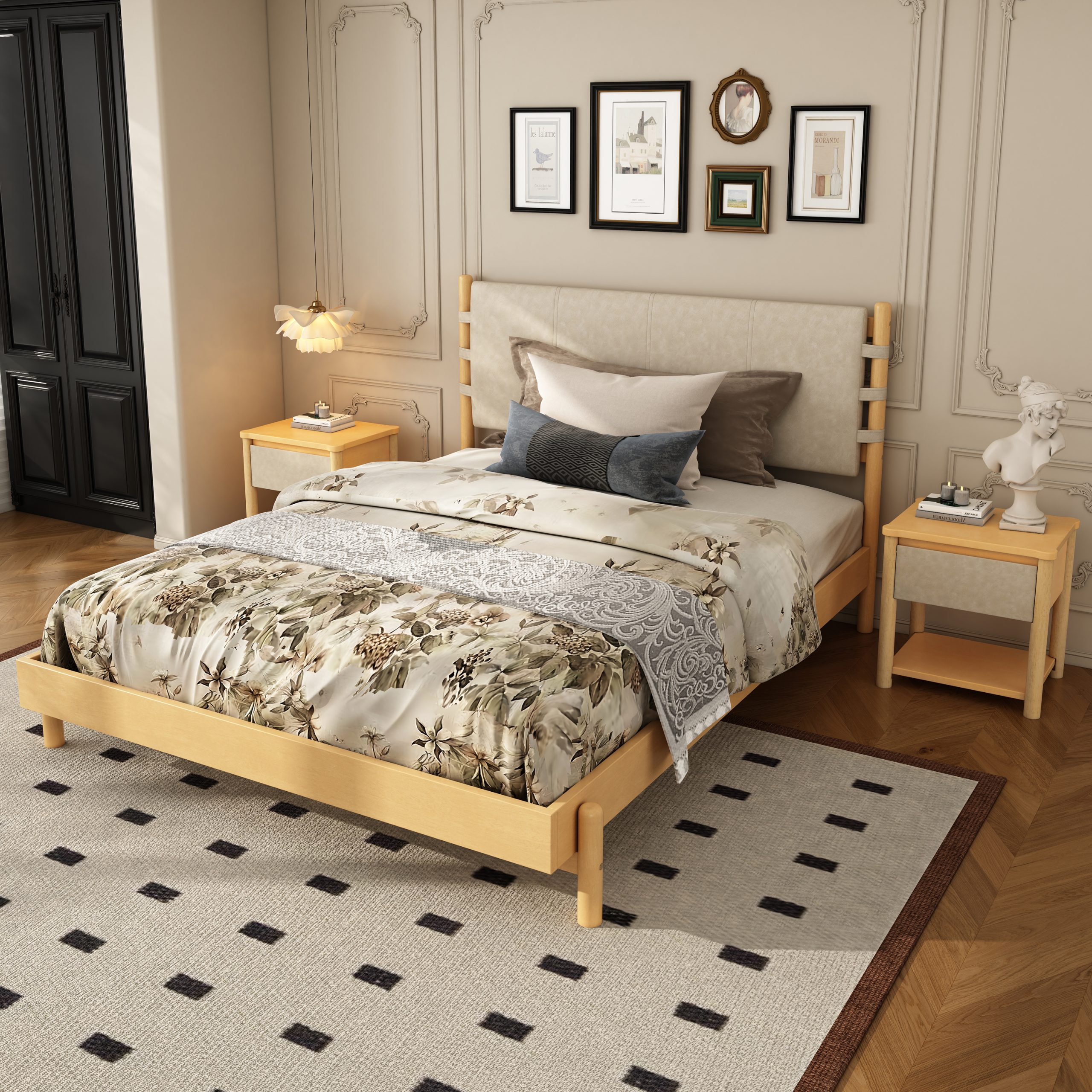 Modern Queen Bed Frame Set with 2 Nightstands, Beige Wood Platform Bed with Headboard and Matching Bedside Tables for Bedroom - Image 5