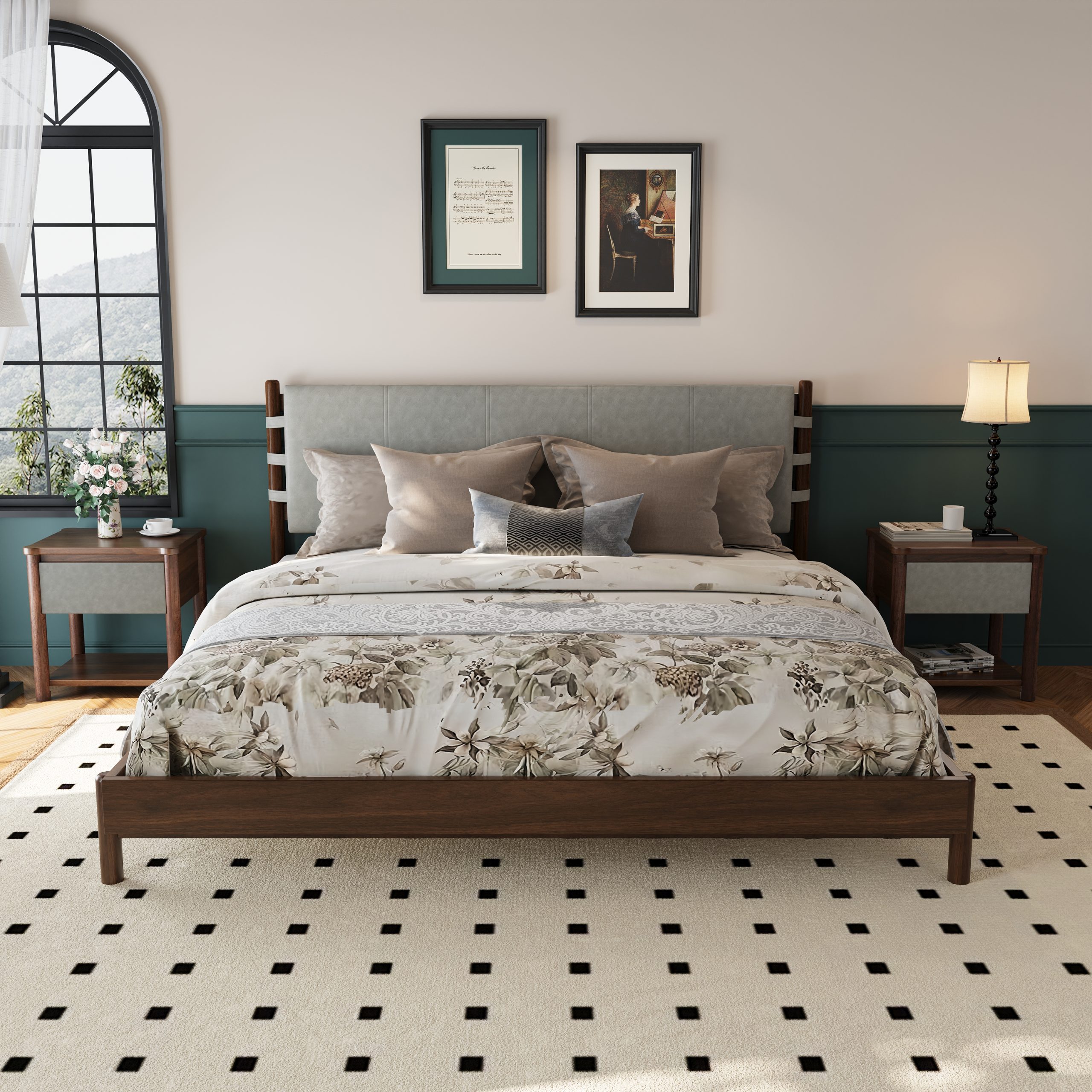 Modern King Bed Frame Set with 2 Nightstands, Light Gray Wood Platform Bed with Headboard and Matching Bedside Tables for Bedroom - Image 5