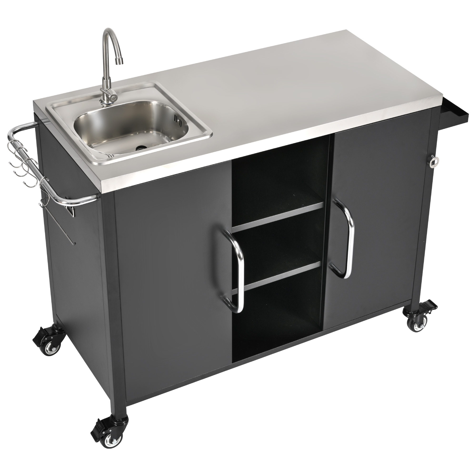 K&K 55.5" Outdoor Kitchen Island with Sink, Metal Grill Cart Table with 304 Stainless Steel Sink, Outdoor Bar Cart Sink Station with 4 Lockable Wheels for Pizza Prep & BBQ, L 55.5" x W 20" H 36.7" - Image 2