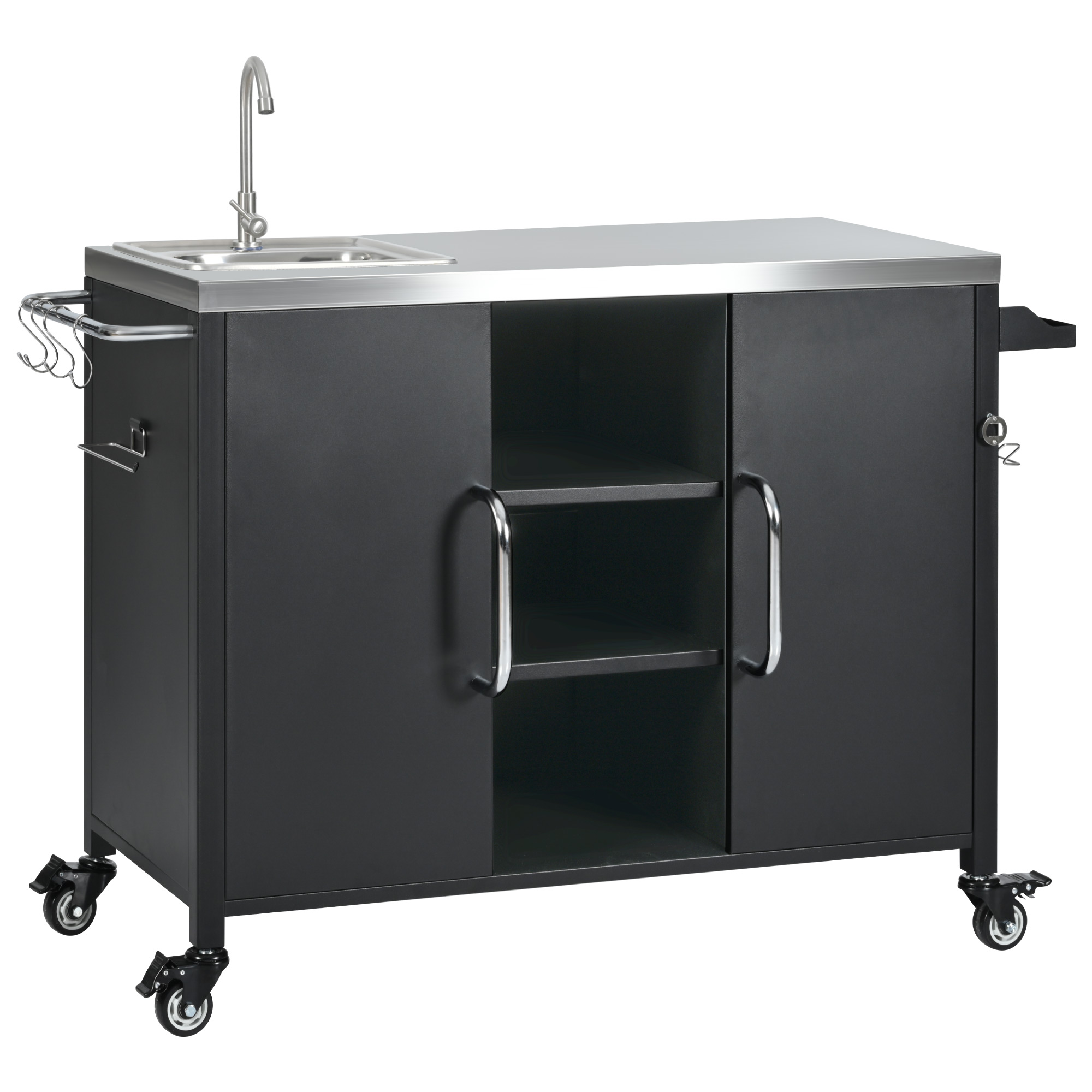K&K 55.5" Outdoor Kitchen Island with Sink, Metal Grill Cart Table with 304 Stainless Steel Sink, Outdoor Bar Cart Sink Station with 4 Lockable Wheels for Pizza Prep & BBQ, L 55.5" x W 20" H 36.7" - Image 6