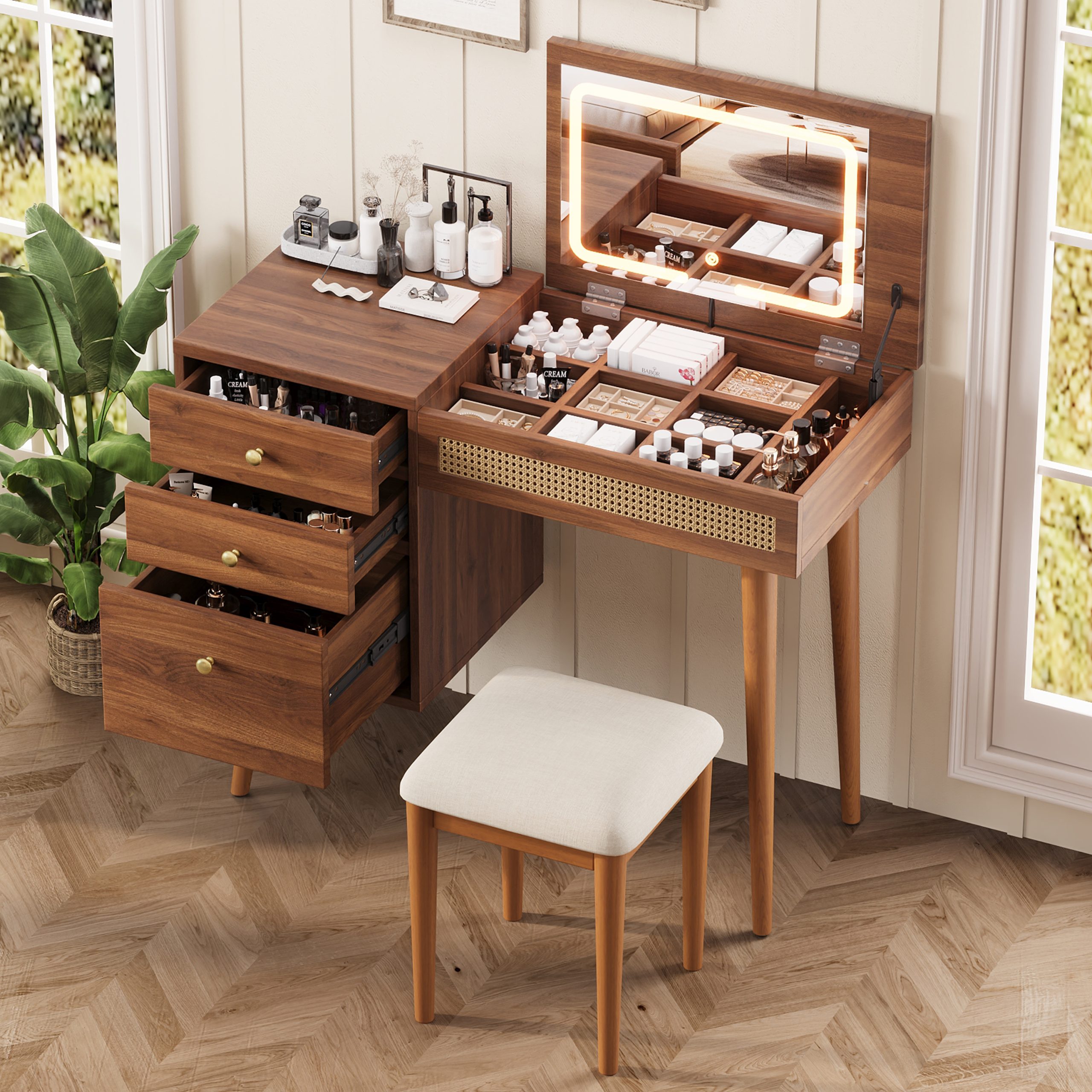 39" Retro Bohemian Style Vanity, Vantiy Desk with Mirror and LED Lights, Dressing Table with Flip-Top Tabletop, Vanity Desk with Storage 3 Drawers, 10 Compartments, Makeup Vanity Set for Home, Walnut - Image 2