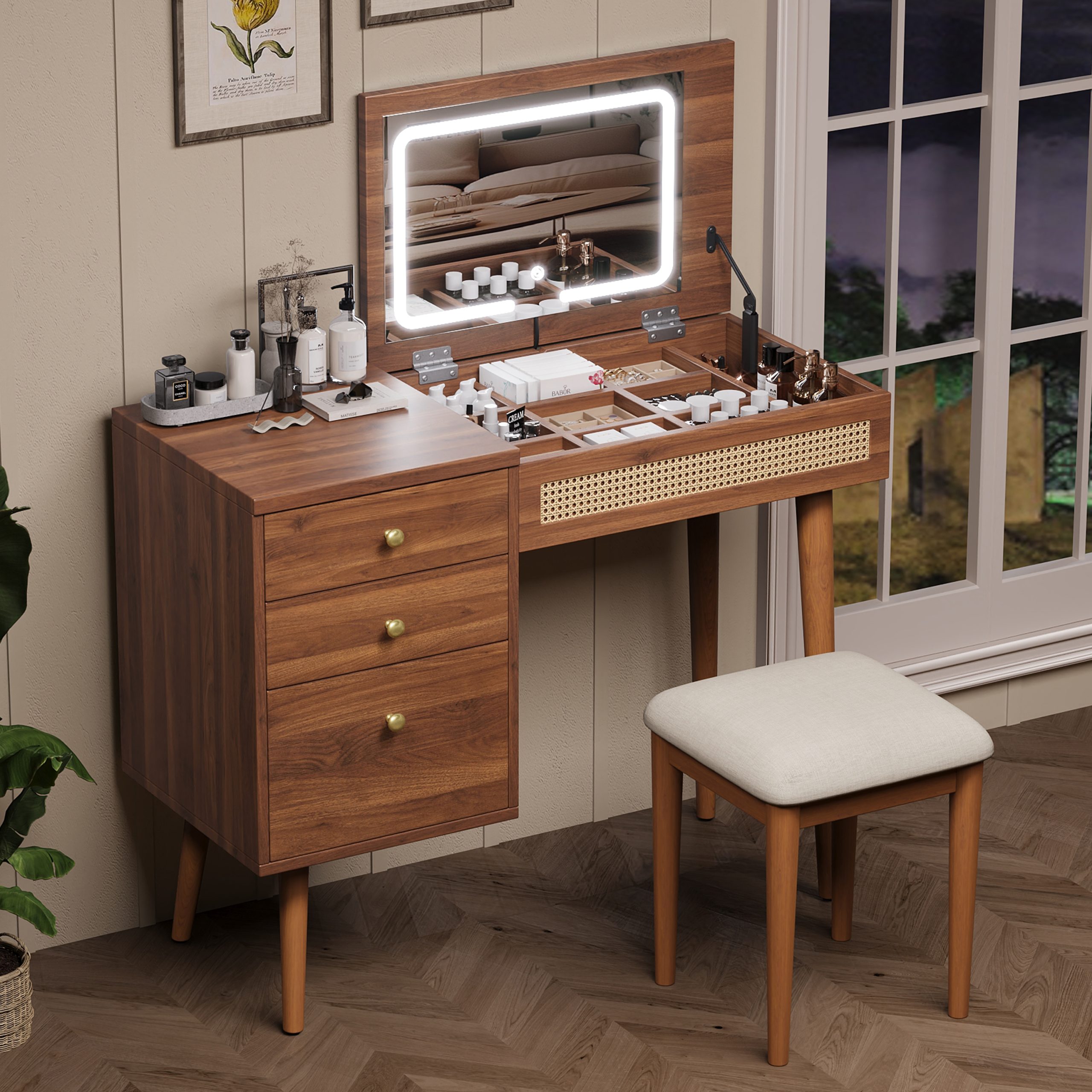 39" Retro Bohemian Style Vanity, Vantiy Desk with Mirror and LED Lights, Dressing Table with Flip-Top Tabletop, Vanity Desk with Storage 3 Drawers, 10 Compartments, Makeup Vanity Set for Home, Walnut - Image 3