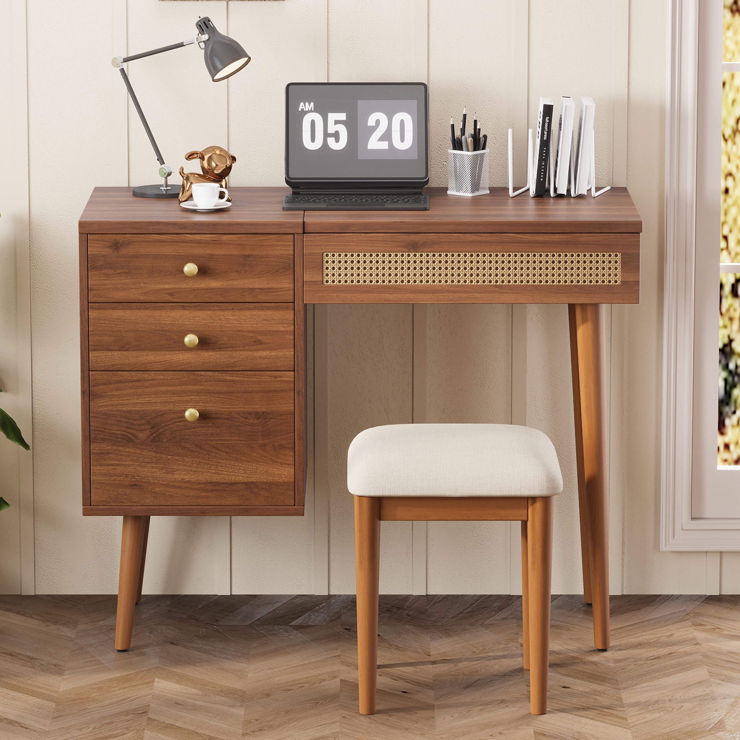 39" Retro Bohemian Style Vanity, Vantiy Desk with Mirror and LED Lights, Dressing Table with Flip-Top Tabletop, Vanity Desk with Storage 3 Drawers, 10 Compartments, Makeup Vanity Set for Home, Walnut - Image 4