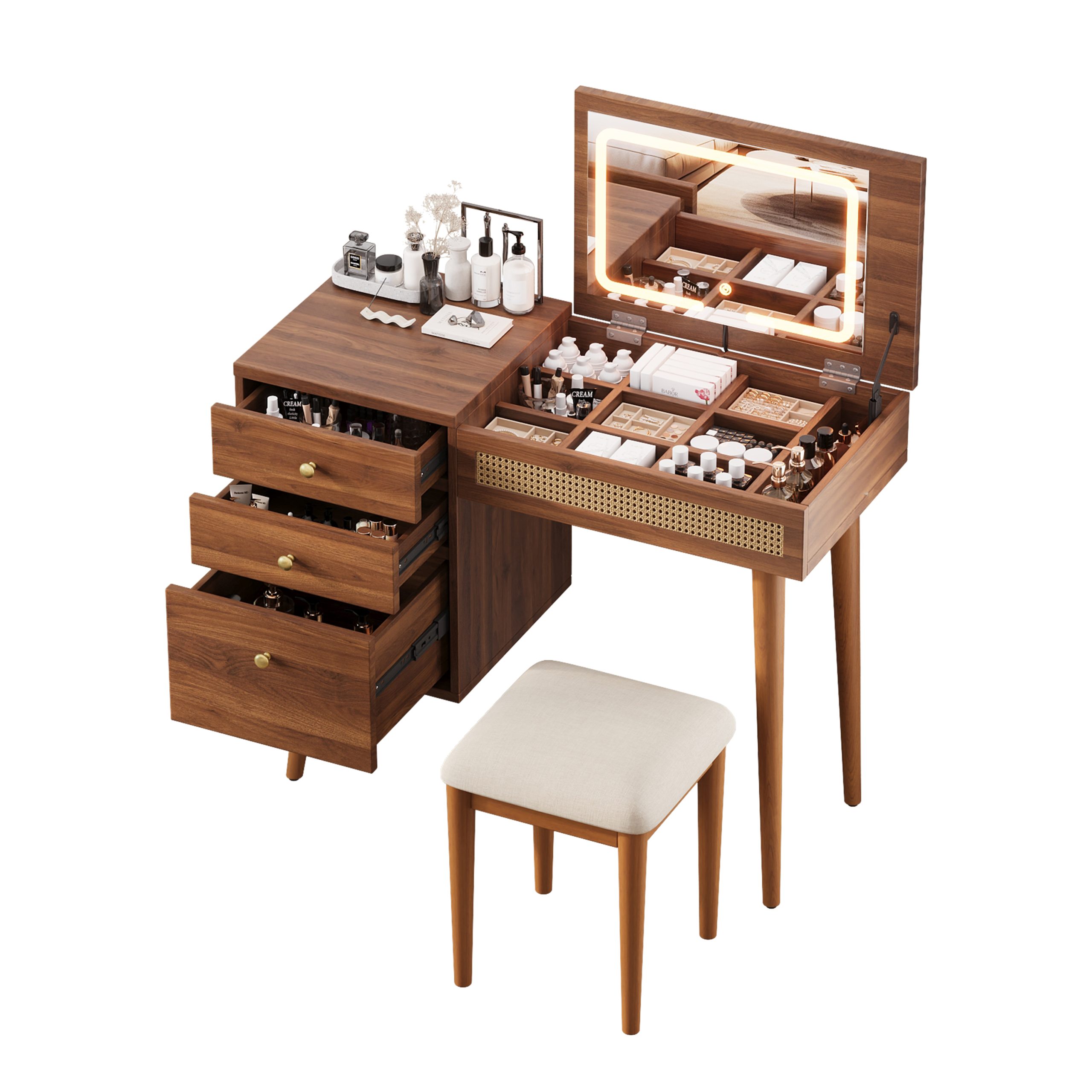 39" Retro Bohemian Style Vanity, Vantiy Desk with Mirror and LED Lights, Dressing Table with Flip-Top Tabletop, Vanity Desk with Storage 3 Drawers, 10 Compartments, Makeup Vanity Set for Home, Walnut - Image 6