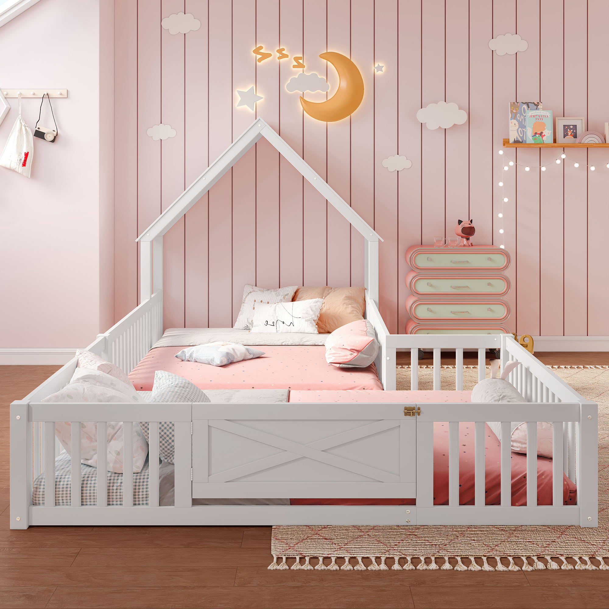 Full Size House Floor Bed, Double Full Floor Bed with Door and Full-length Guardrails, Multi-function Design, White - Image 2