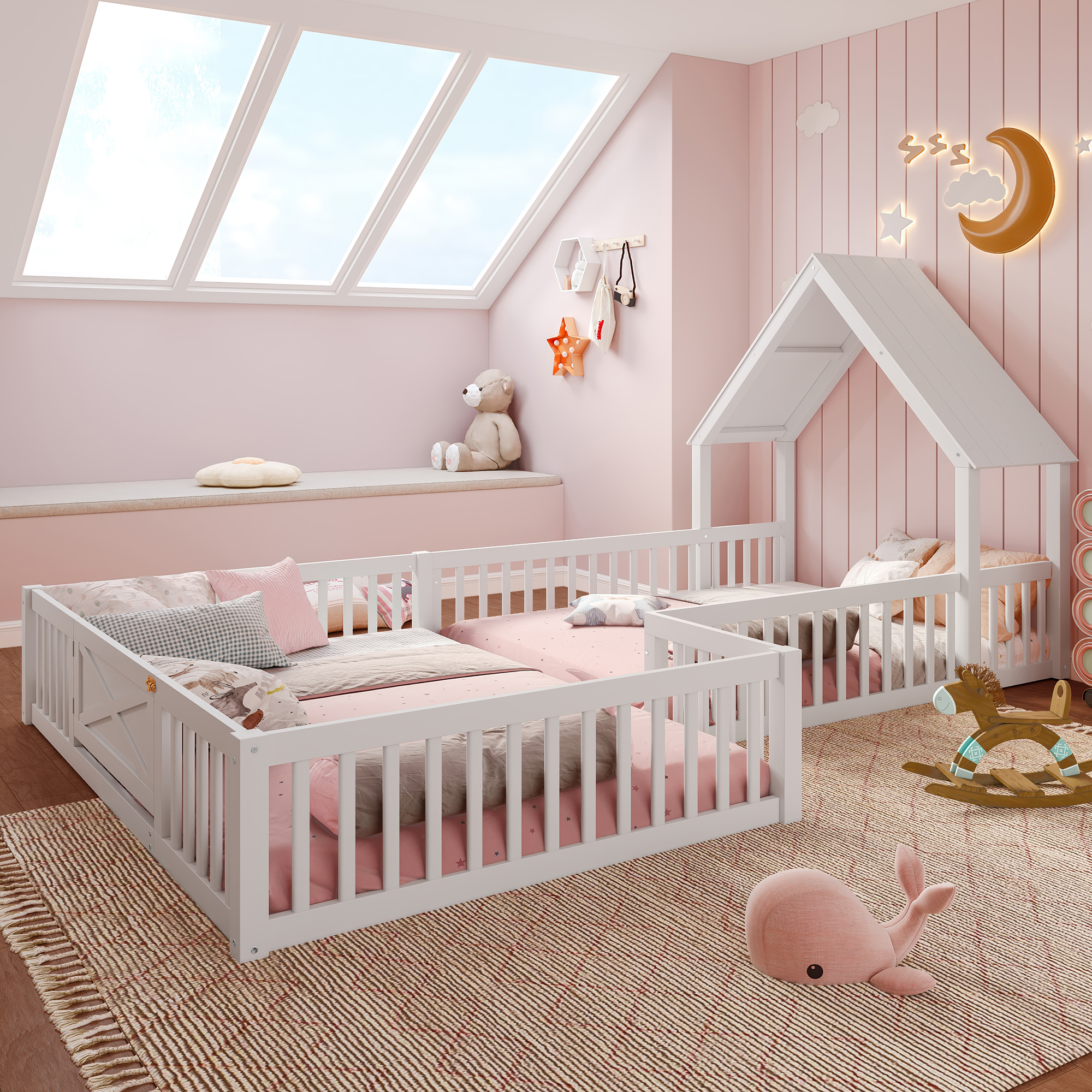 Full Size House Floor Bed, Double Full Floor Bed with Door and Full-length Guardrails, Multi-function Design, White - Image 3
