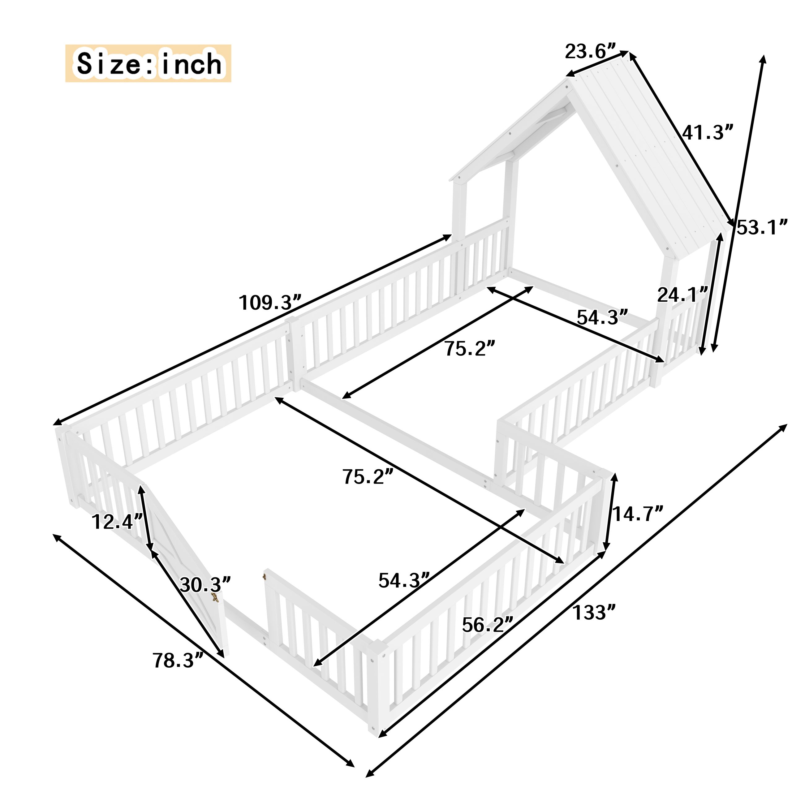 Full Size House Floor Bed, Double Full Floor Bed with Door and Full-length Guardrails, Multi-function Design, White - Image 4