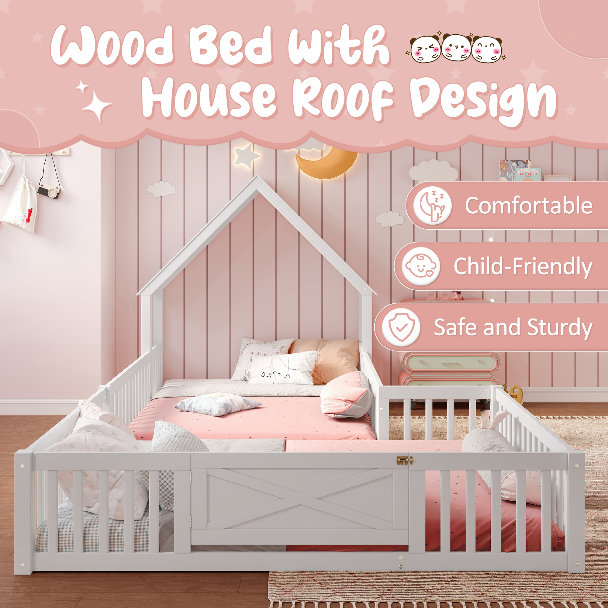 Full Size House Floor Bed, Double Full Floor Bed with Door and Full-length Guardrails, Multi-function Design, White - Image 5