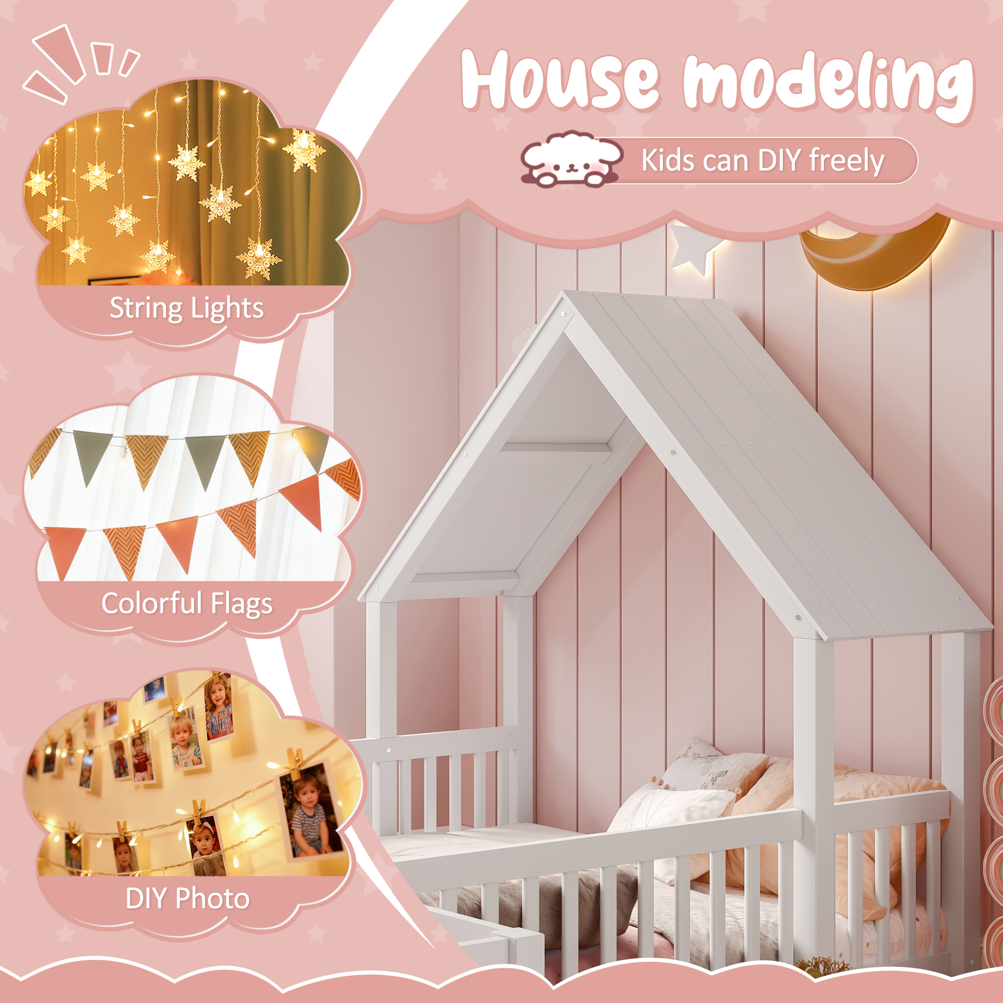 Full Size House Floor Bed, Double Full Floor Bed with Door and Full-length Guardrails, Multi-function Design, White - Image 6