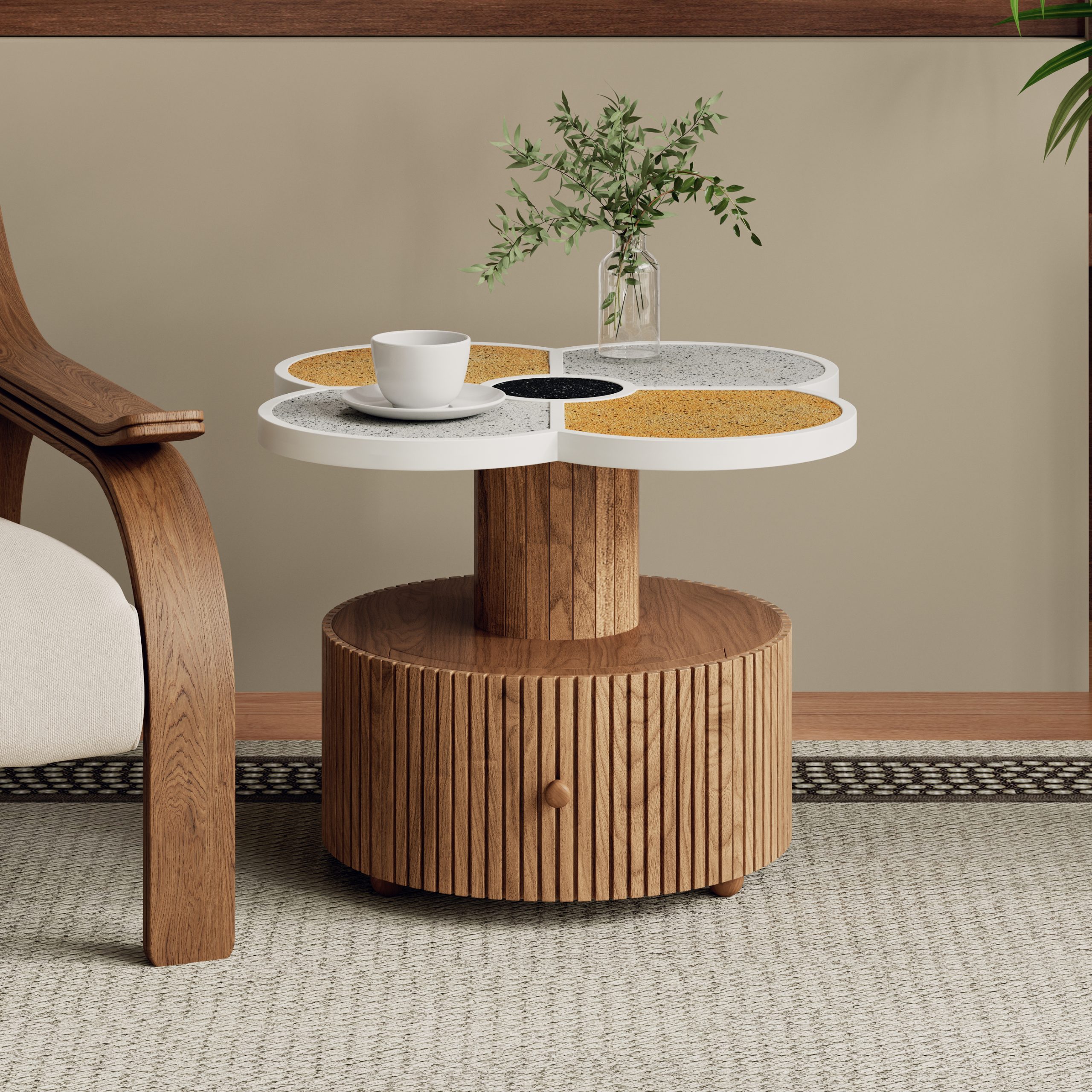 Unique Four-Leaf Clover Side Table for Living Room, Bedroom & Small Spaces – Accent Table with Wood-Grain Base with storage function