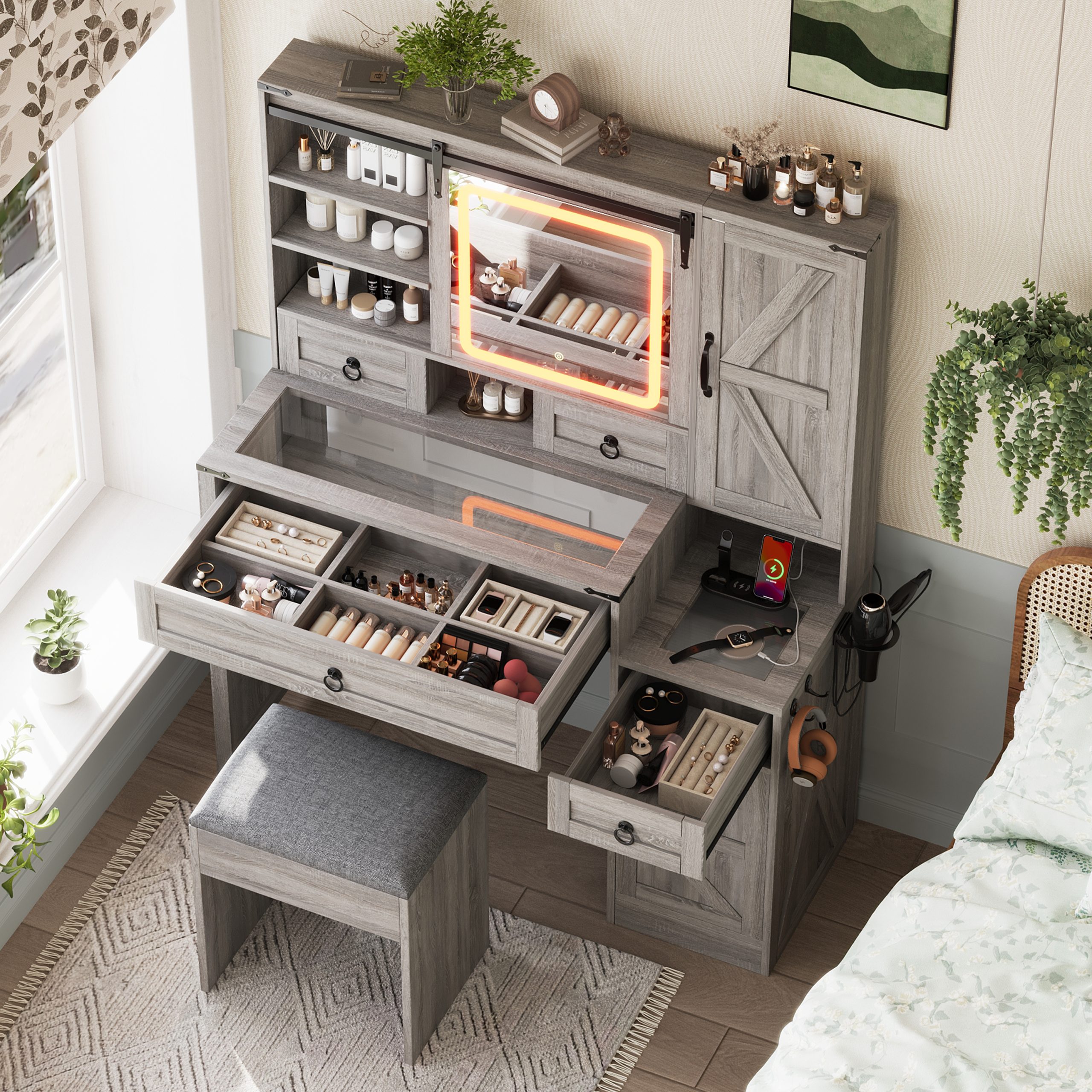 Farmhouse Vanity Desk with Sliding Mirror and Lights, Vanity Set with Glass Top and Charging Station ,Dressing Table with 4 Drawers and 2 Cabinets, Dressing Table with Stool for Bedroom, Gray - Image 2