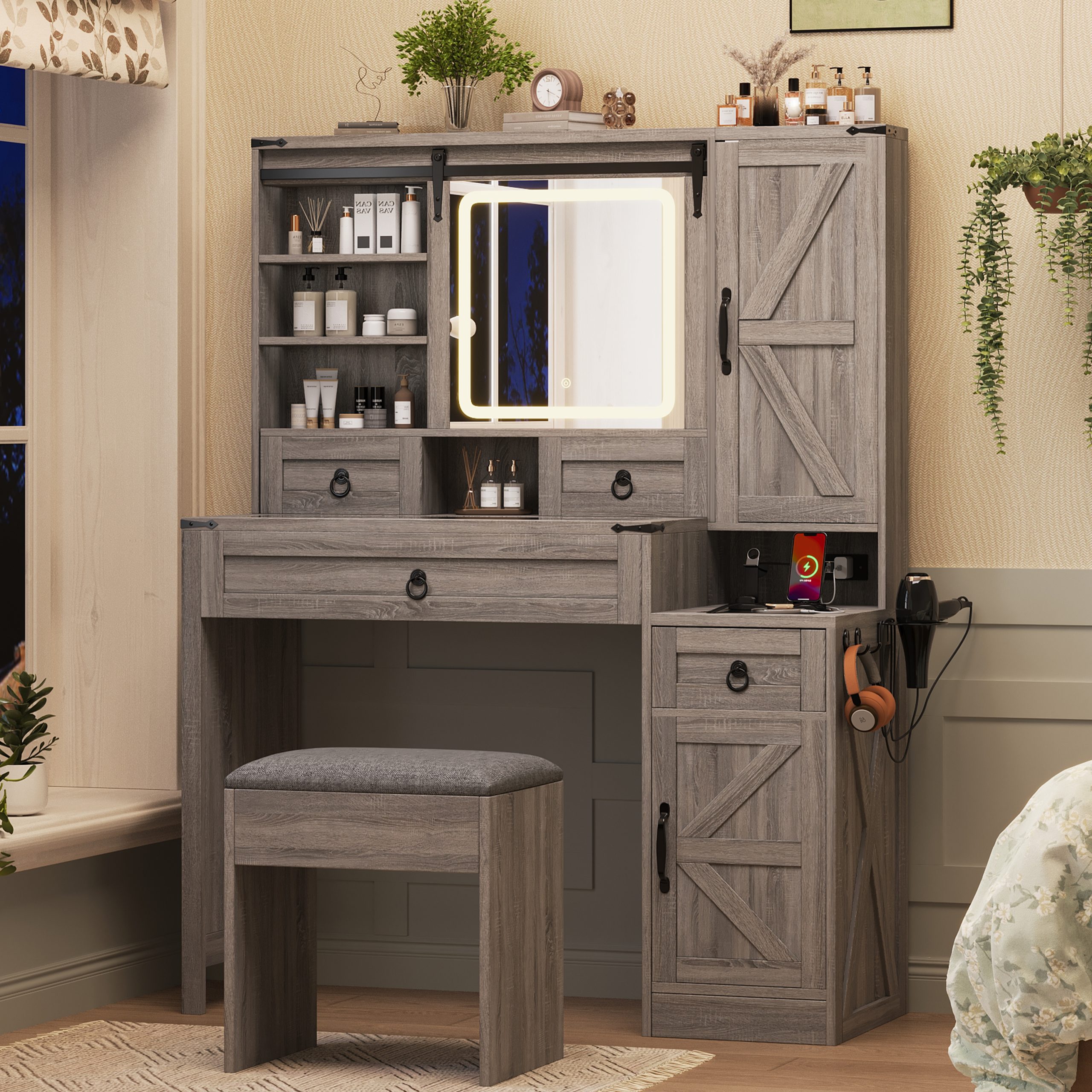 Farmhouse Vanity Desk with Sliding Mirror and Lights, Vanity Set with Glass Top and Charging Station ,Dressing Table with 4 Drawers and 2 Cabinets, Dressing Table with Stool for Bedroom, Gray - Image 3