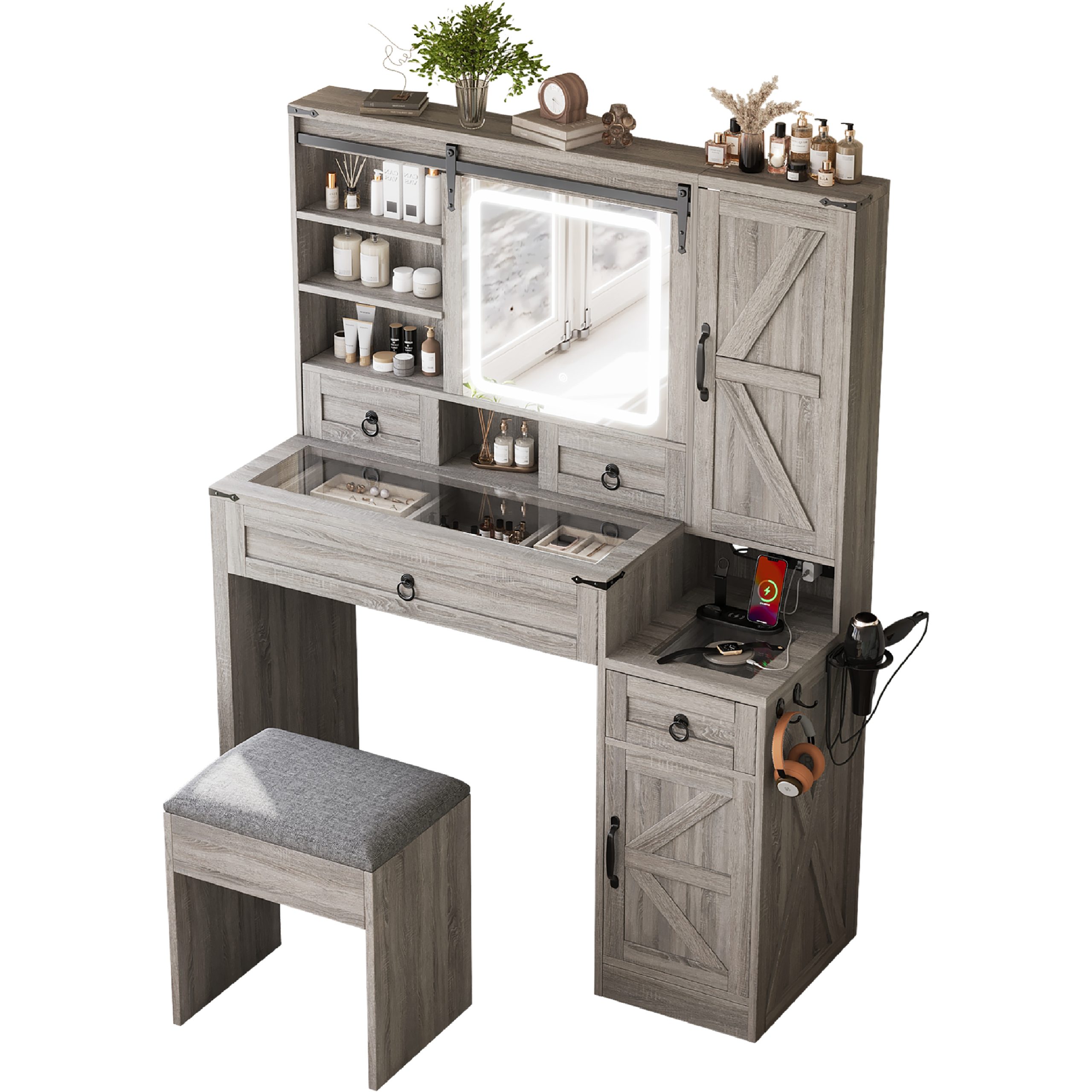 Farmhouse Vanity Desk with Sliding Mirror and Lights, Vanity Set with Glass Top and Charging Station ,Dressing Table with 4 Drawers and 2 Cabinets, Dressing Table with Stool for Bedroom, Gray - Image 4