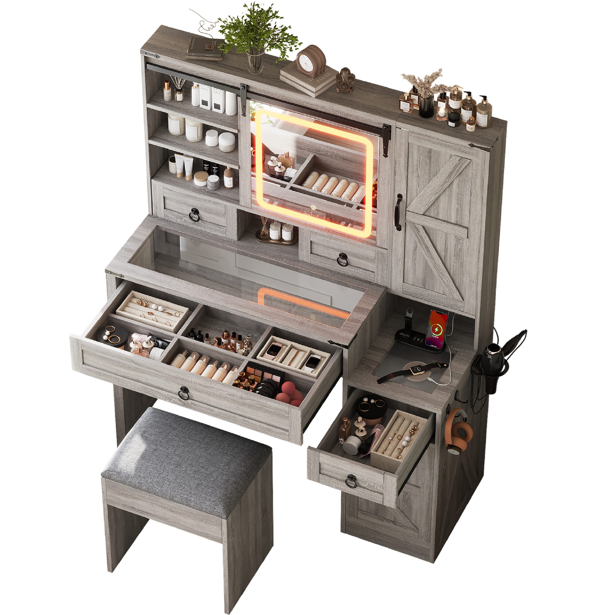 Farmhouse Vanity Desk with Sliding Mirror and Lights, Vanity Set with Glass Top and Charging Station ,Dressing Table with 4 Drawers and 2 Cabinets, Dressing Table with Stool for Bedroom, Gray - Image 5