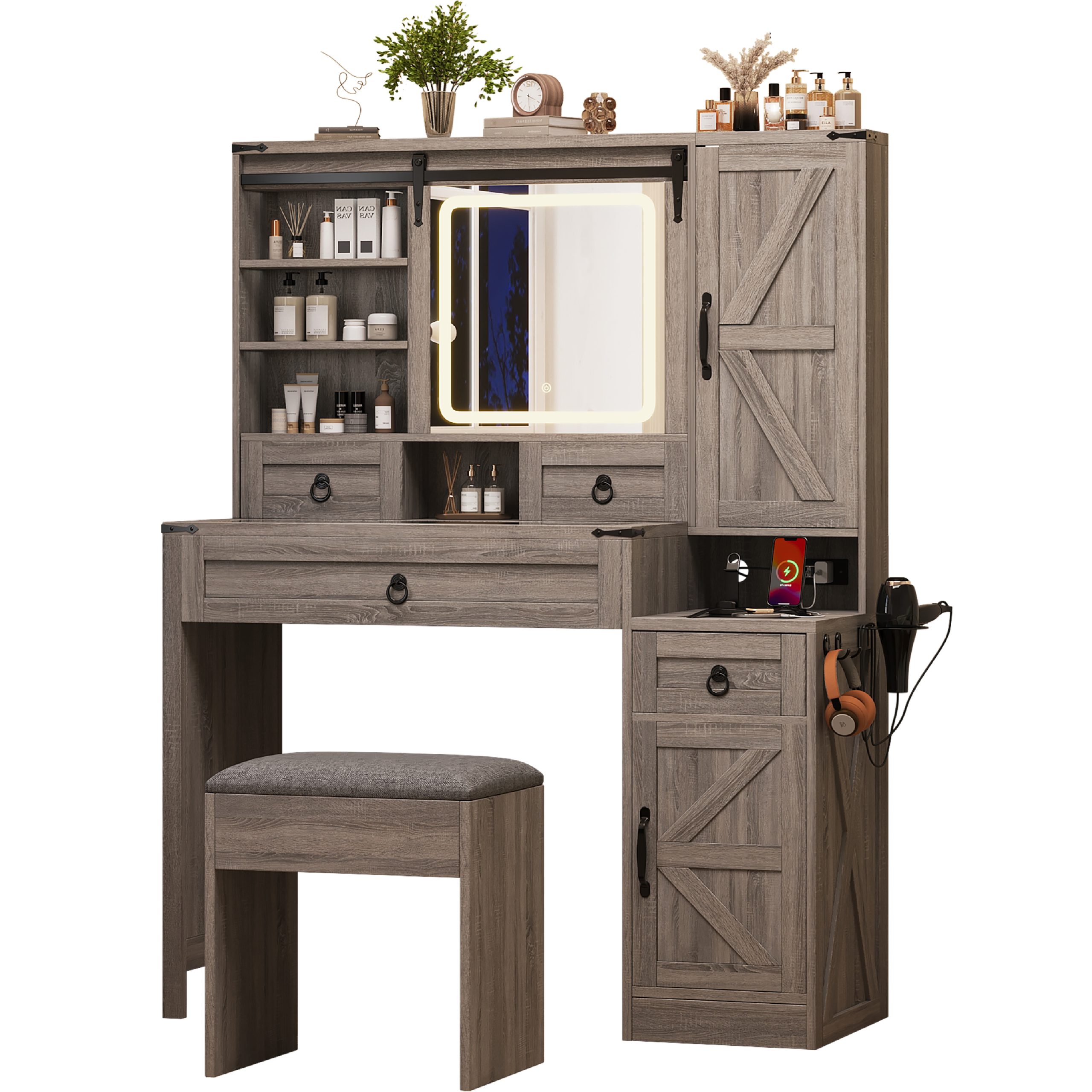 Farmhouse Vanity Desk with Sliding Mirror and Lights, Vanity Set with Glass Top and Charging Station ,Dressing Table with 4 Drawers and 2 Cabinets, Dressing Table with Stool for Bedroom, Gray - Image 6