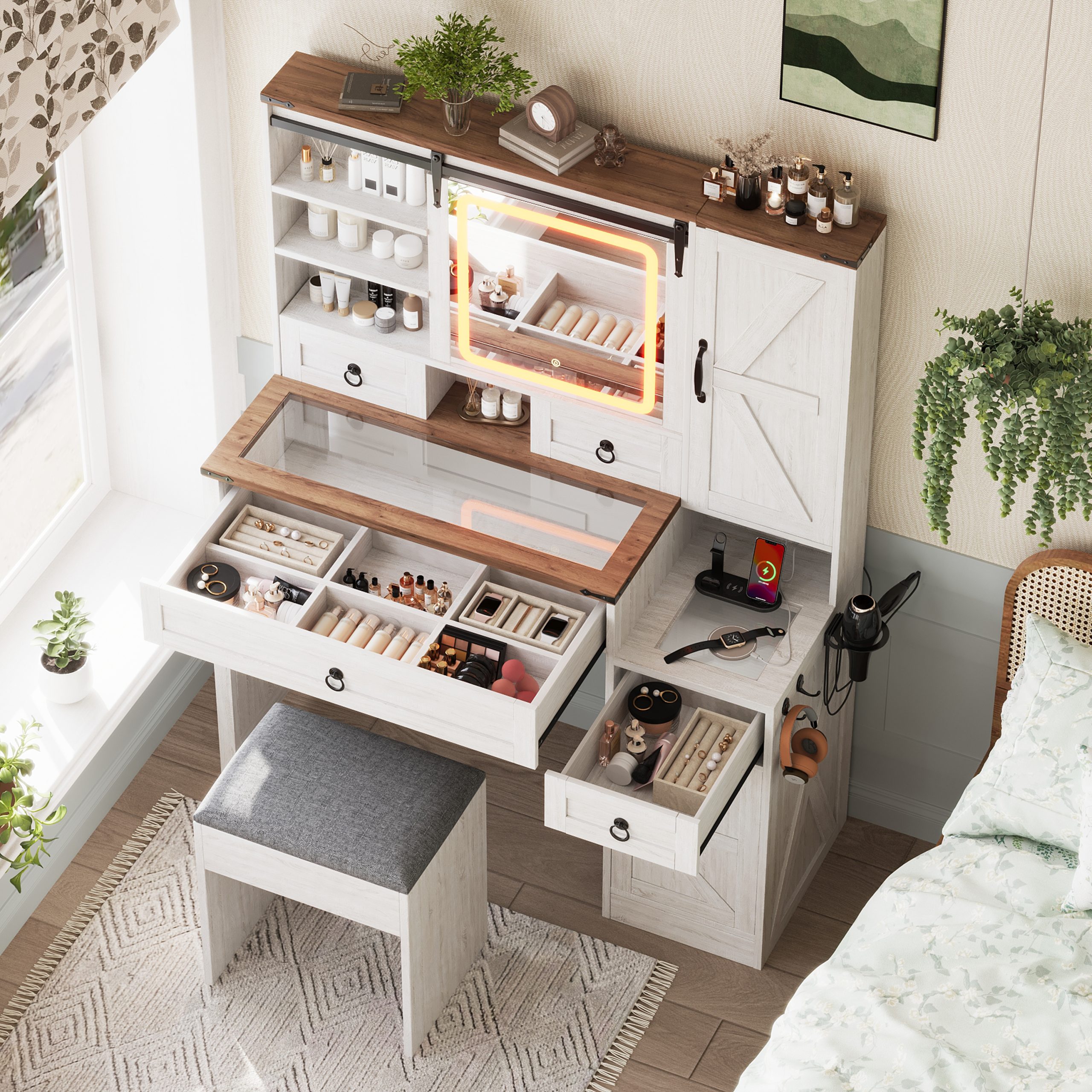 Farmhouse Vanity Desk with Sliding Mirror and Lights, Vanity Set with Glass Top and Charging Station ,Dressing Table with 4 Drawers and 2 Cabinets, Dressing Table with Stool for Bedroom, White - Image 2