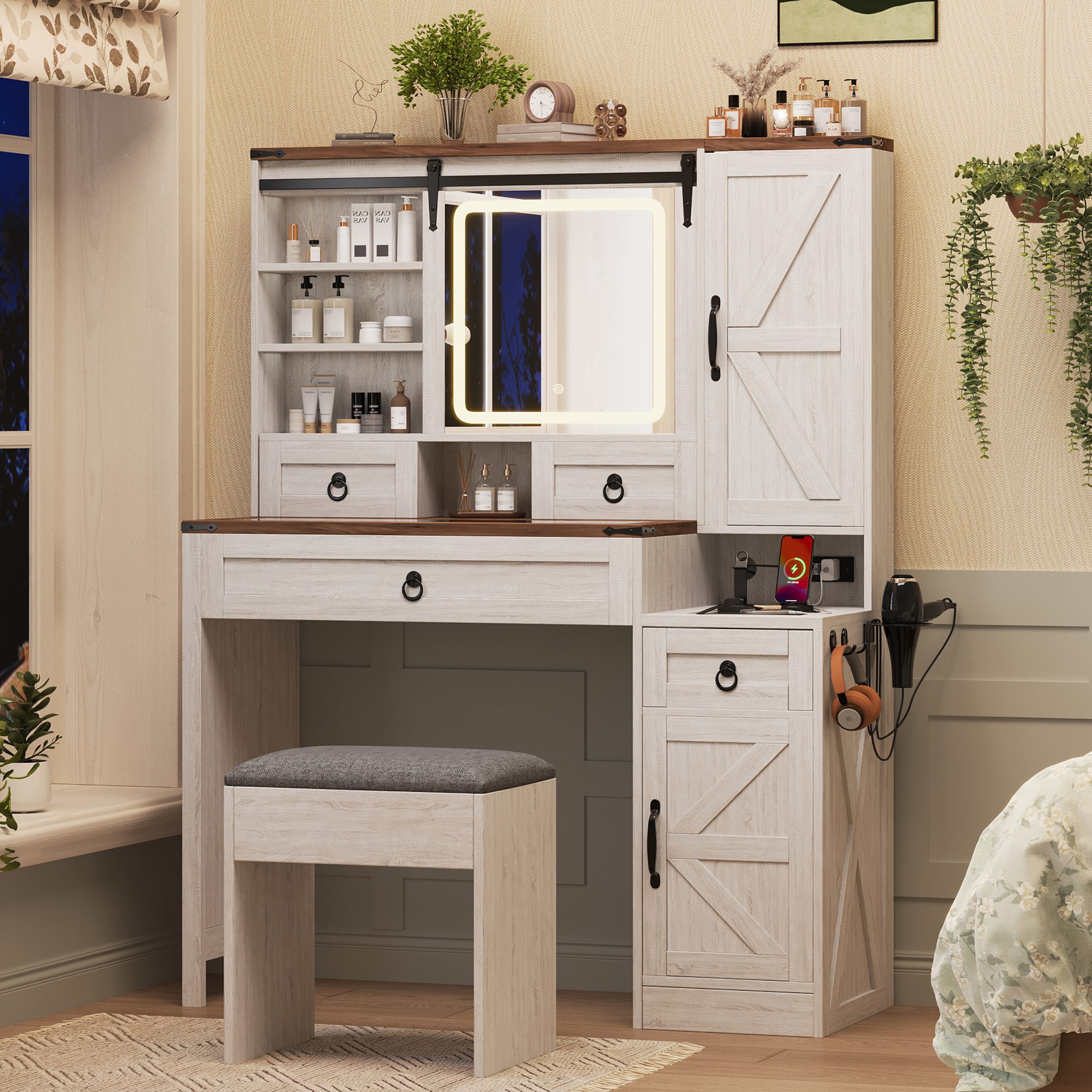 Farmhouse Vanity Desk with Sliding Mirror and Lights, Vanity Set with Glass Top and Charging Station ,Dressing Table with 4 Drawers and 2 Cabinets, Dressing Table with Stool for Bedroom, White - Image 3