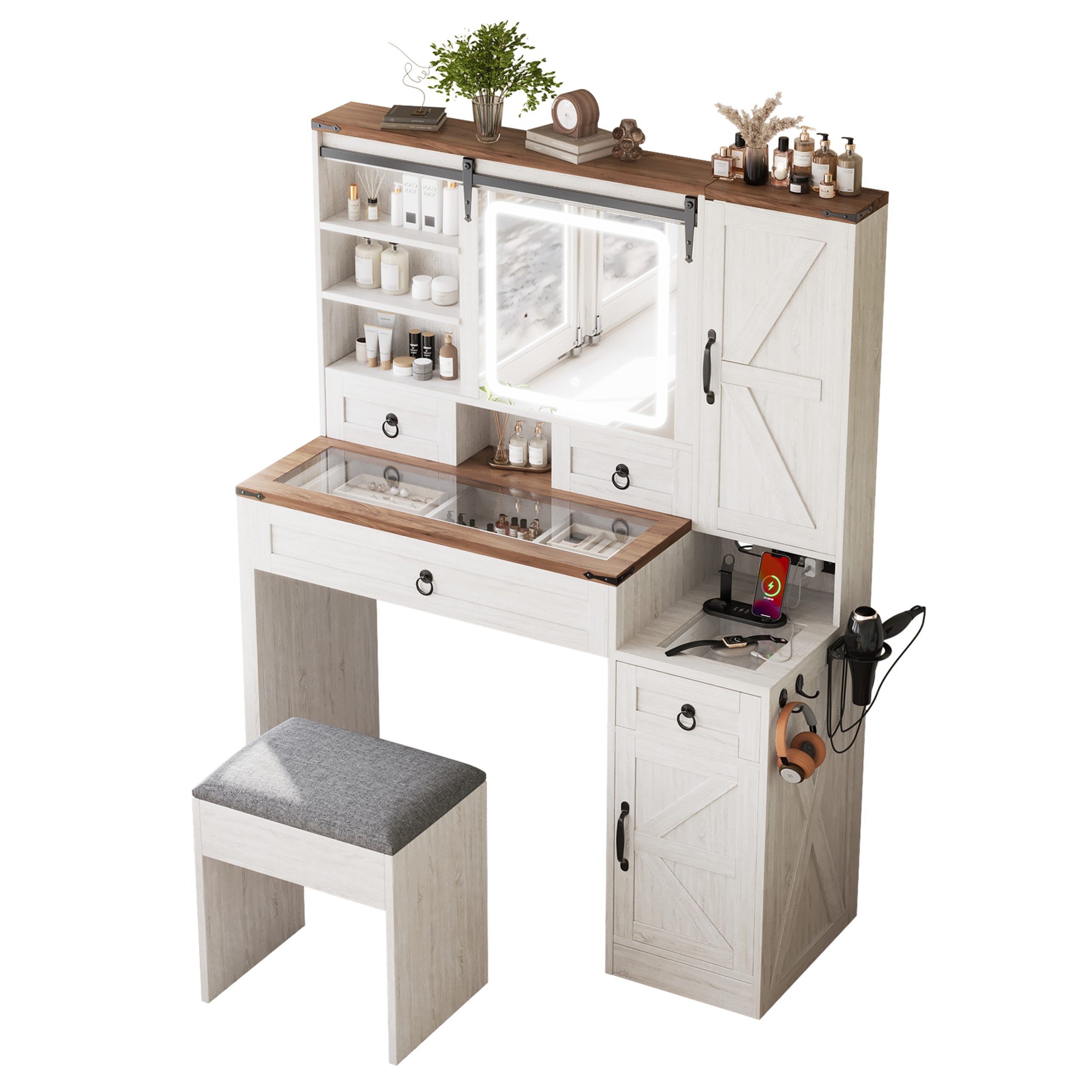 Farmhouse Vanity Desk with Sliding Mirror and Lights, Vanity Set with Glass Top and Charging Station ,Dressing Table with 4 Drawers and 2 Cabinets, Dressing Table with Stool for Bedroom, White - Image 4