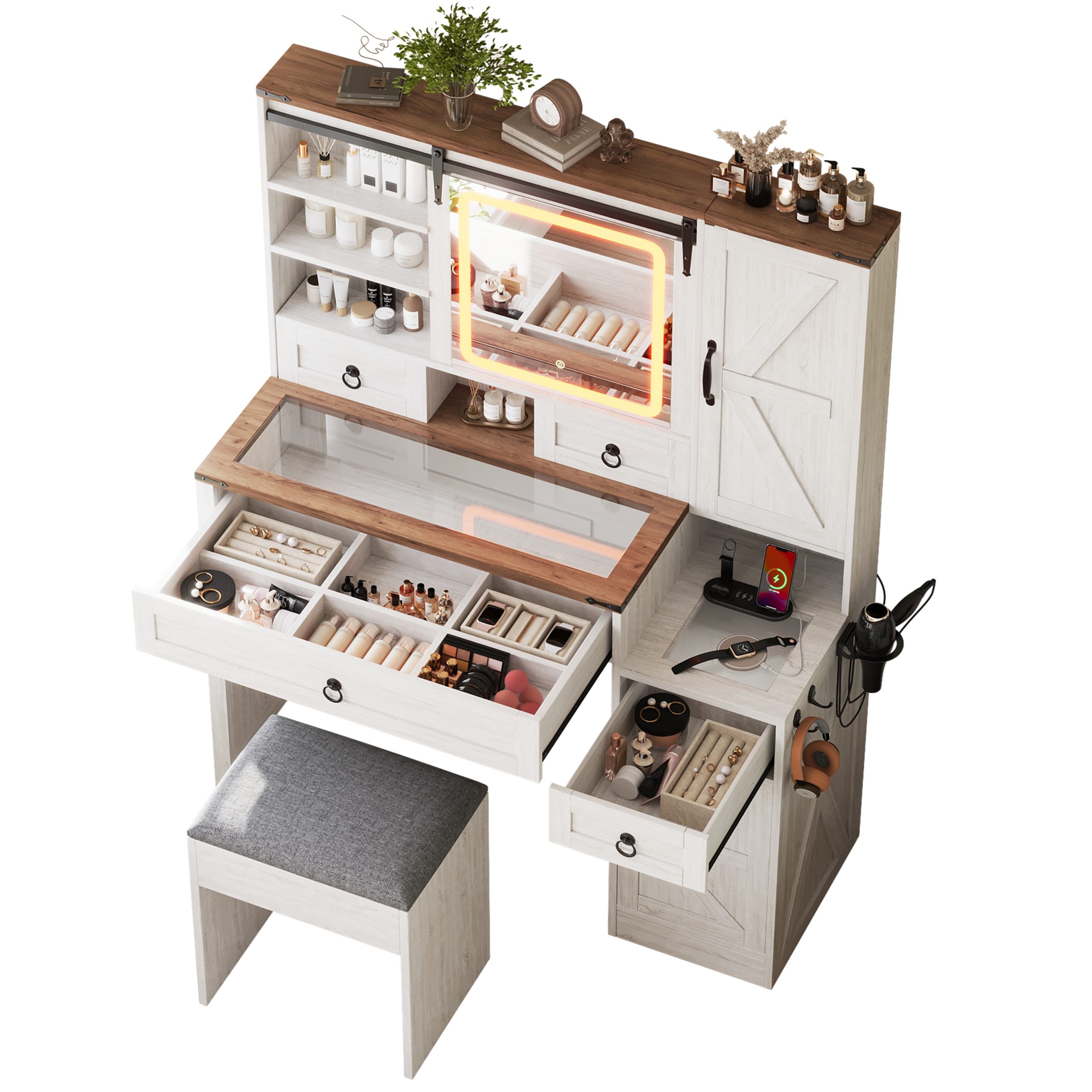 Farmhouse Vanity Desk with Sliding Mirror and Lights, Vanity Set with Glass Top and Charging Station ,Dressing Table with 4 Drawers and 2 Cabinets, Dressing Table with Stool for Bedroom, White - Image 5