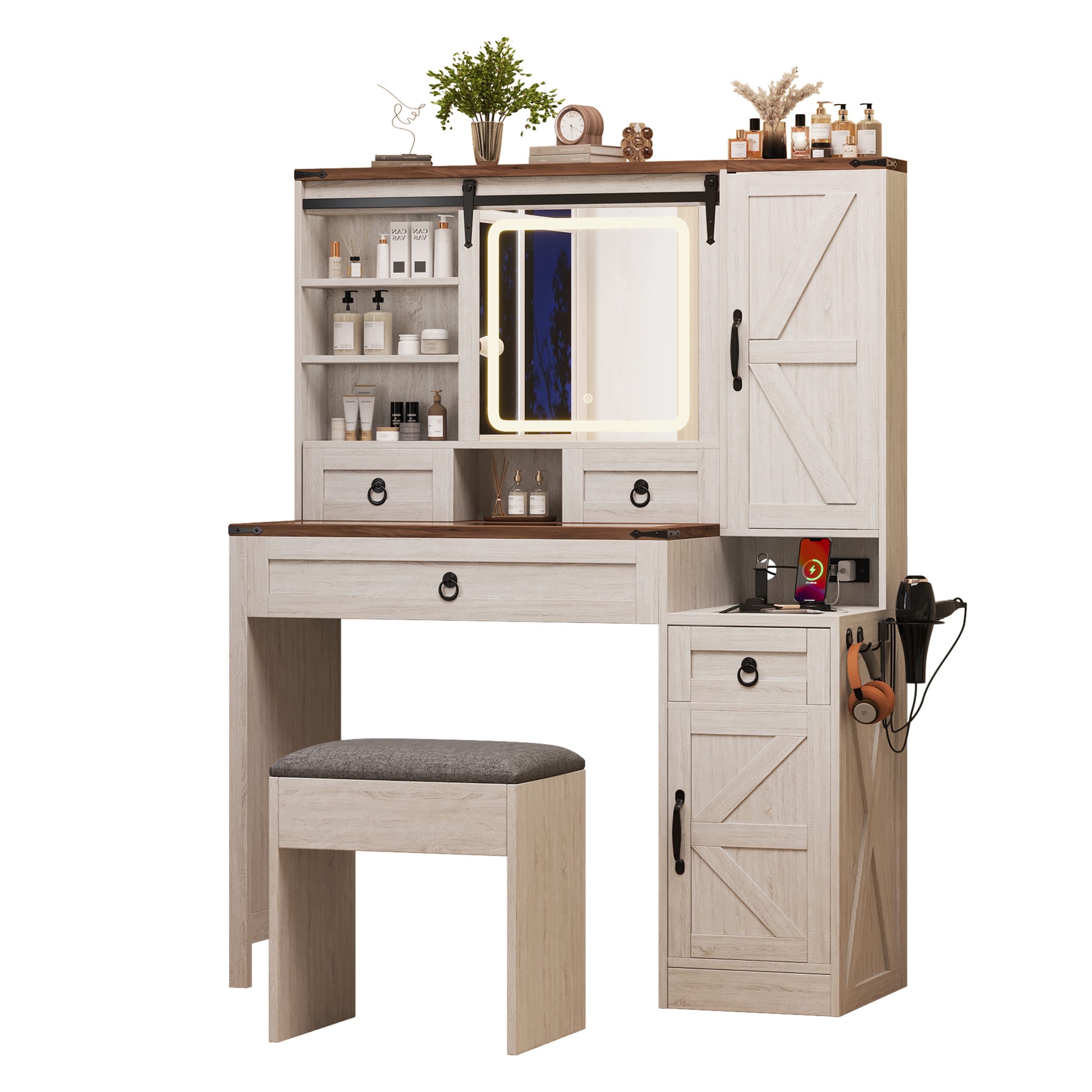 Farmhouse Vanity Desk with Sliding Mirror and Lights, Vanity Set with Glass Top and Charging Station ,Dressing Table with 4 Drawers and 2 Cabinets, Dressing Table with Stool for Bedroom, White - Image 6