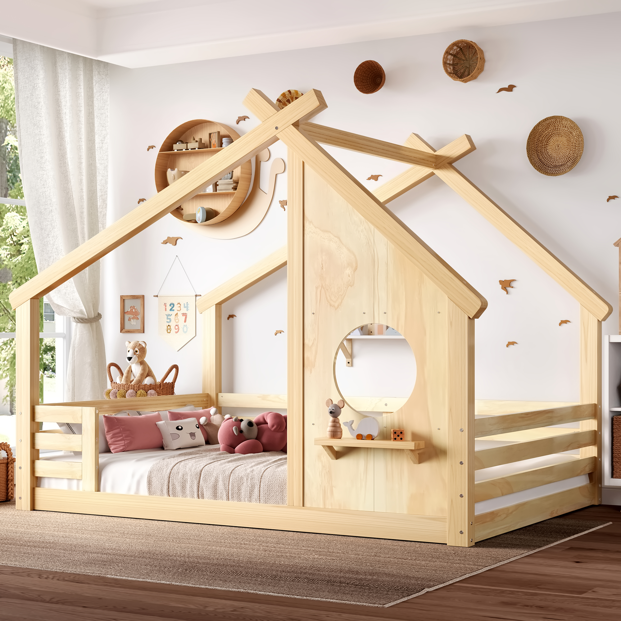 Full House Floor Bed with Window and a Small Shelf, Solid Wood Floor Bed with House-shaped Roof, No Spring Box Needed, Natural
