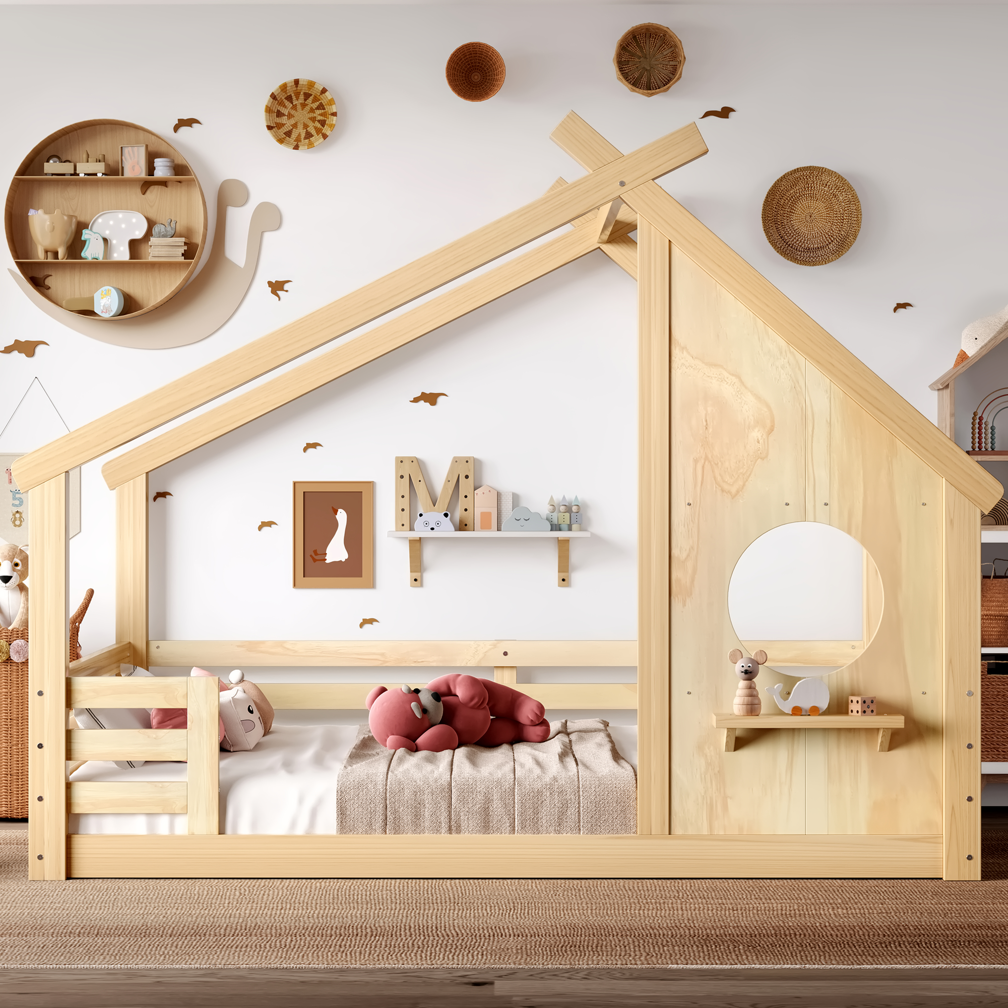 Full House Floor Bed with Window and a Small Shelf, Solid Wood Floor Bed with House-shaped Roof, No Spring Box Needed, Natural - Image 2