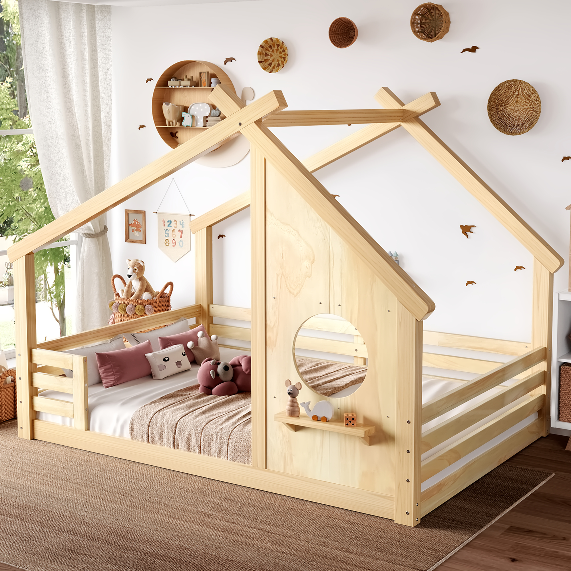 Full House Floor Bed with Window and a Small Shelf, Solid Wood Floor Bed with House-shaped Roof, No Spring Box Needed, Natural - Image 3