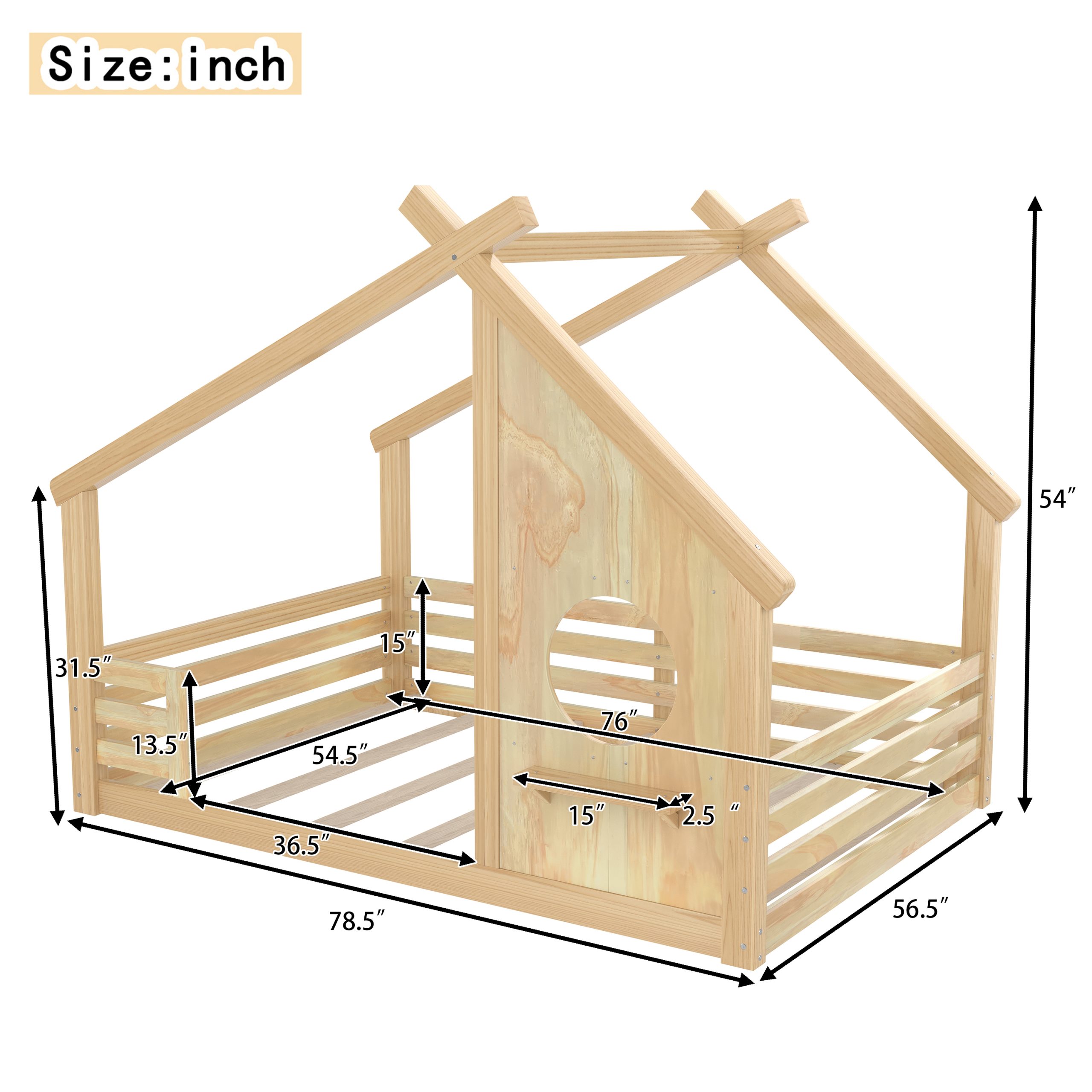 Full House Floor Bed with Window and a Small Shelf, Solid Wood Floor Bed with House-shaped Roof, No Spring Box Needed, Natural - Image 4