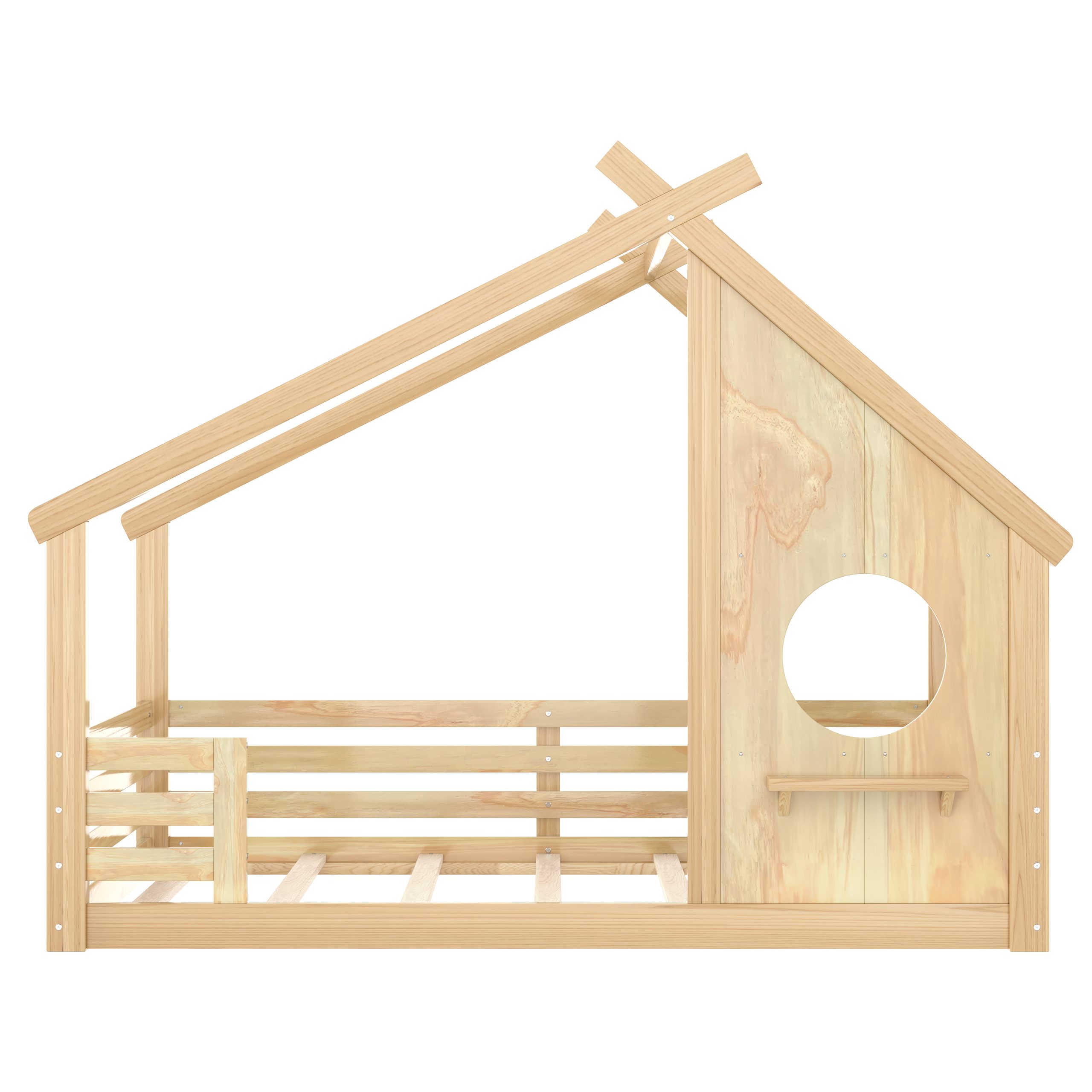 Full House Floor Bed with Window and a Small Shelf, Solid Wood Floor Bed with House-shaped Roof, No Spring Box Needed, Natural - Image 5
