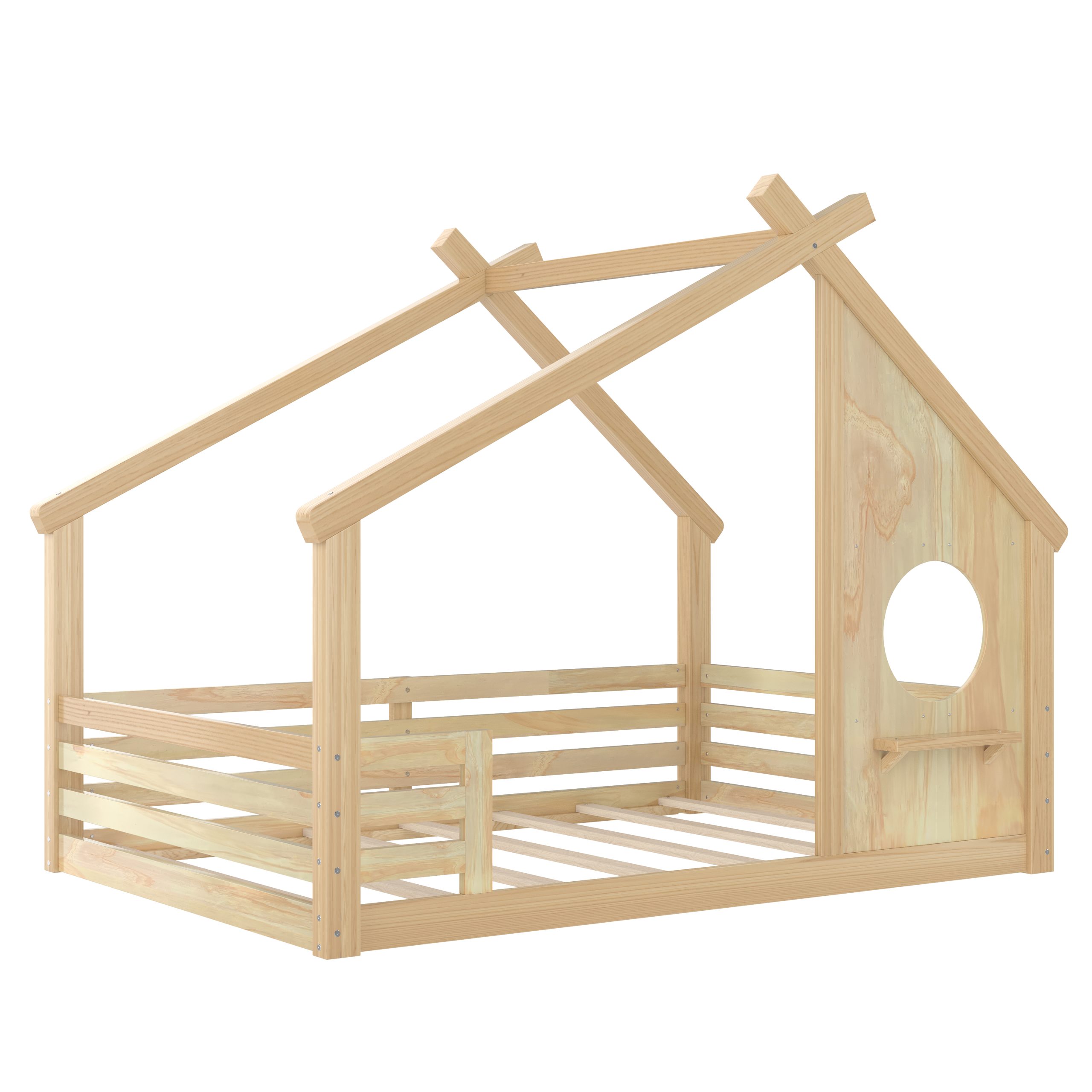 Full House Floor Bed with Window and a Small Shelf, Solid Wood Floor Bed with House-shaped Roof, No Spring Box Needed, Natural - Image 6