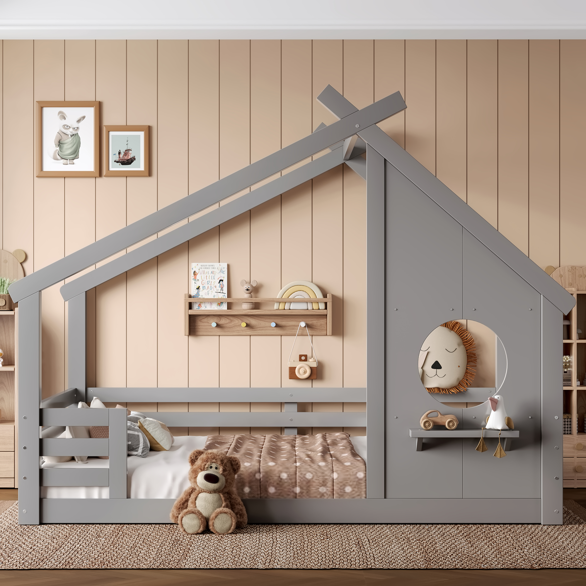 Full House Floor Bed with Window and a Small Shelf, Solid Wood Floor Bed with House-shaped Roof, No Spring Box Needed, Grey - Image 2